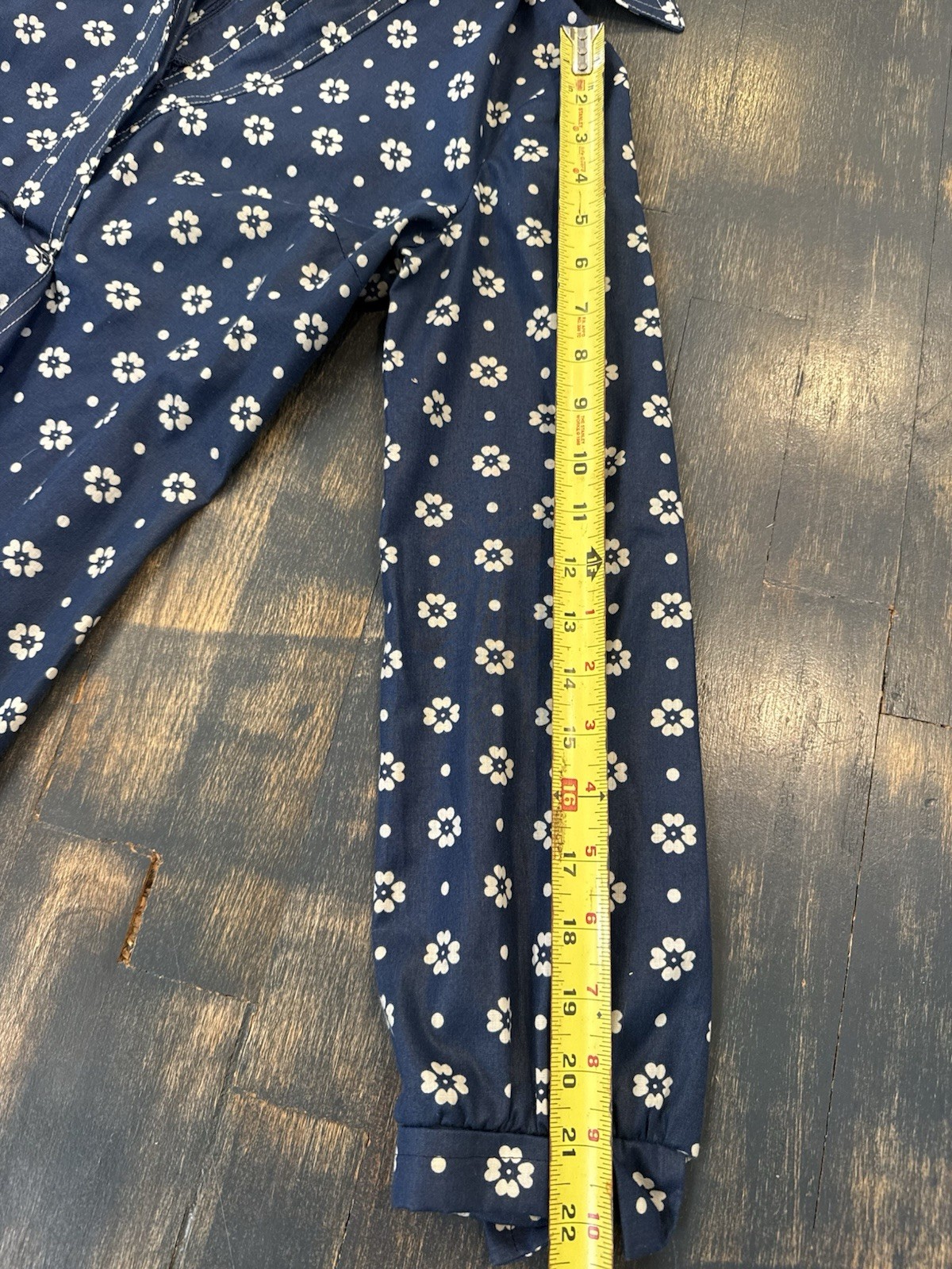 Vintage 1970s DW3 David Warren Collared Dress Navy & White Floral Belted Sz S/M