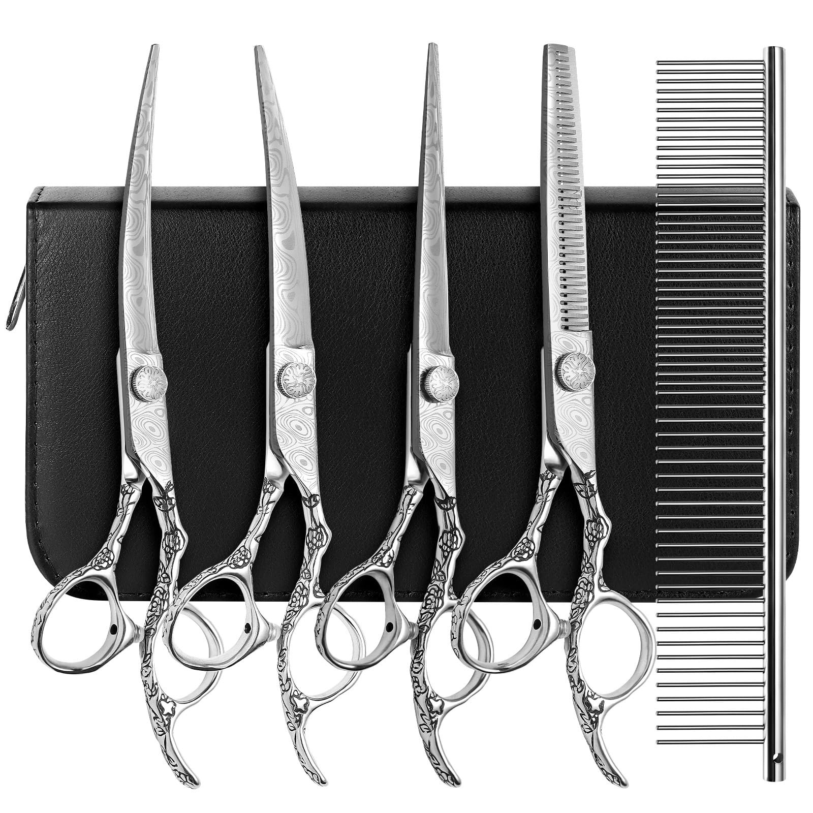 CITYWISH Dog Grooming Scissors,Silver with Safety Round Tips,5 in 1 Curved Dog S