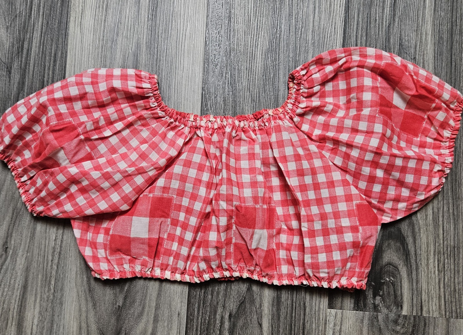 VTG 1970s Sears JR Bazaar Red/White Checker Gingham Off Shoulder Cotton Crop Top