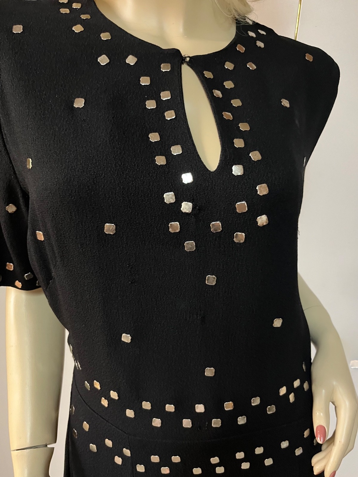 Stunning Prong Set Studded Vintage 1940s Black Rayon Mid Calf Dress Bust 38-39