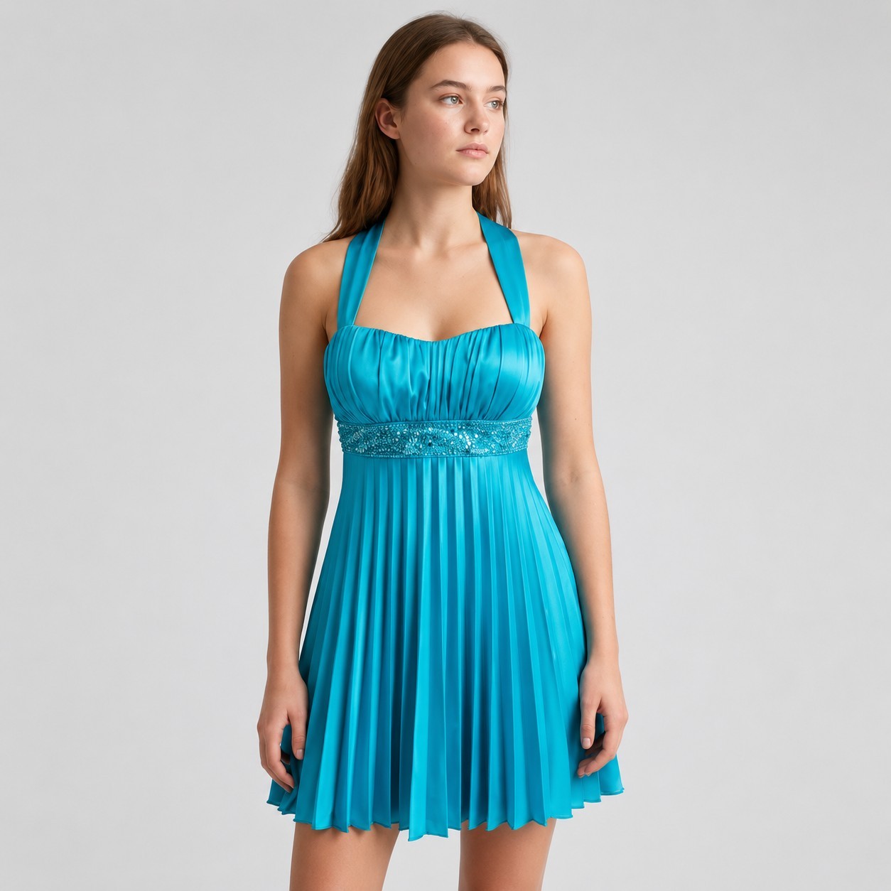 Retro Blue Teal Babydoll Beaded Dress Sz S Pleated Sequin Party Mini Y2K Revival