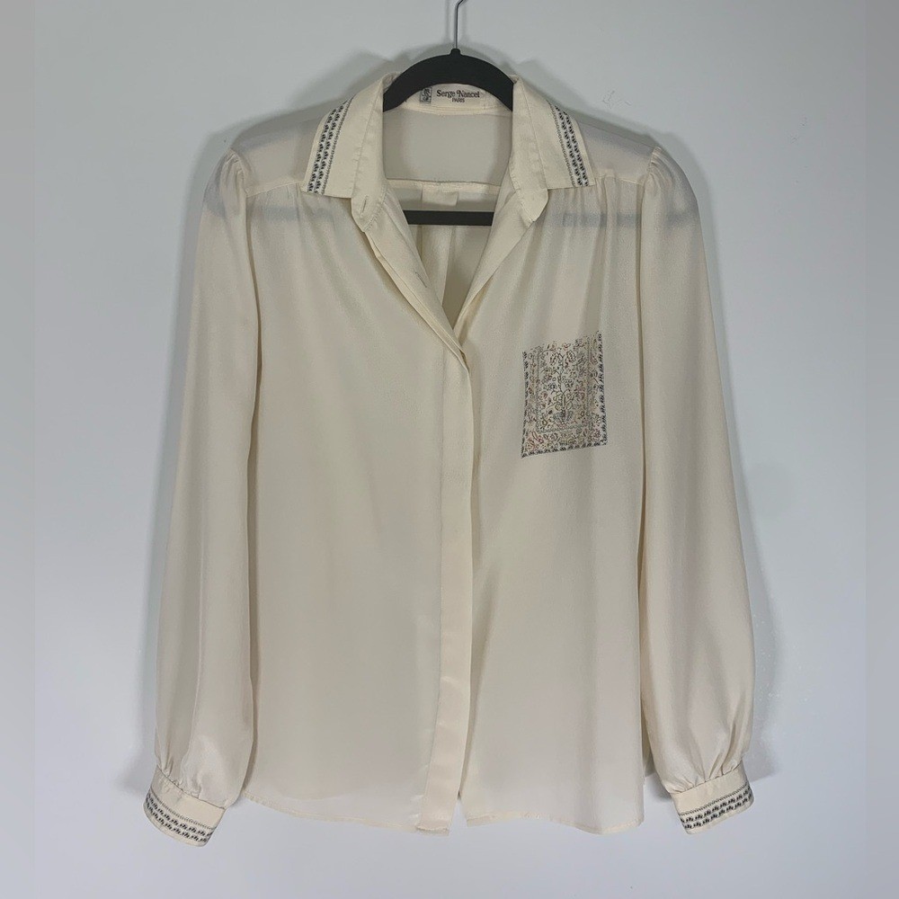 Vintage Serge Nancel Paris Ivory Embroidered Silk-Feel Blouse