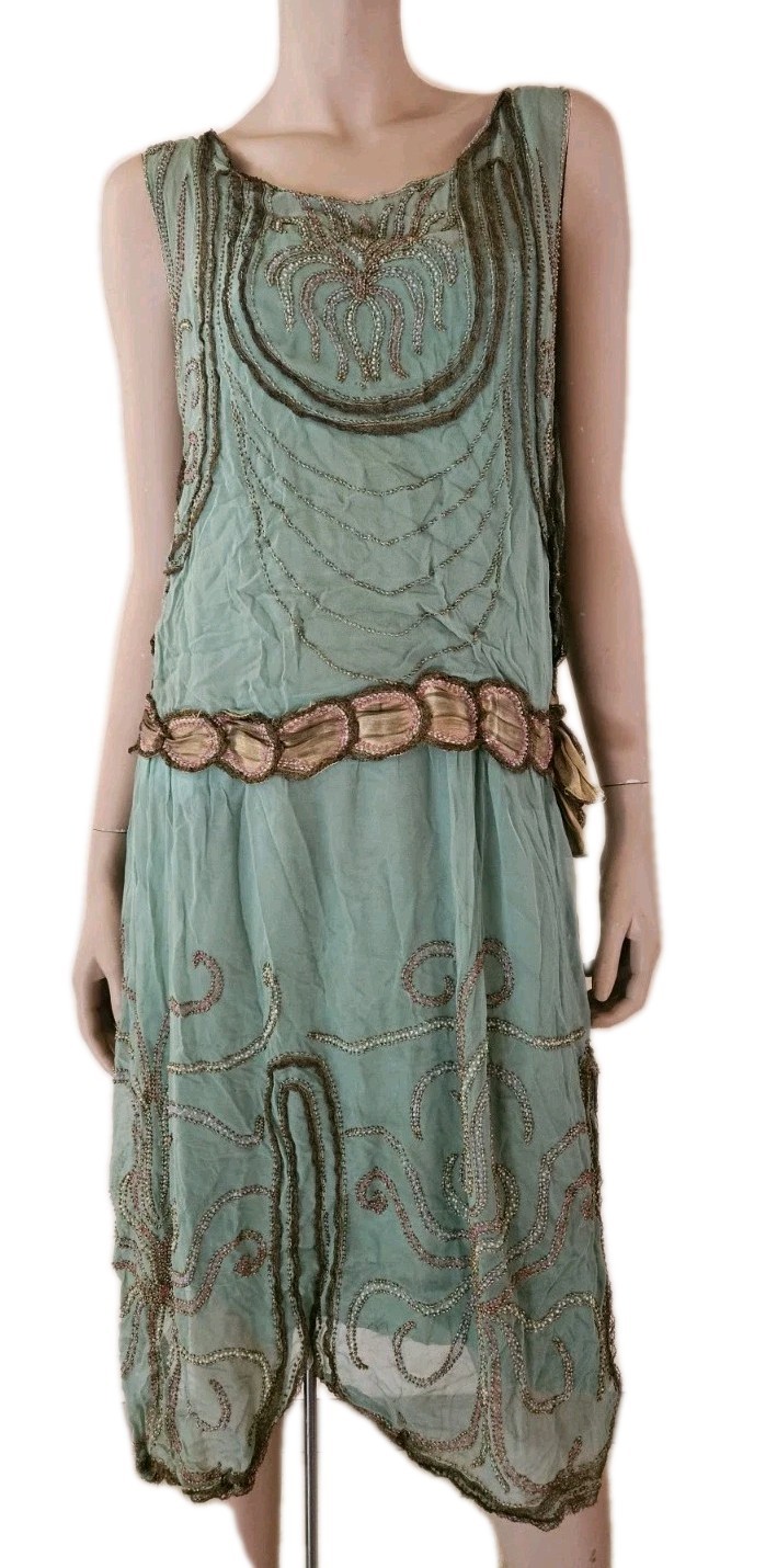 Antique 1920s French Beaded Flapper Dress Gold Lace Vintage Art Deco Bust 36