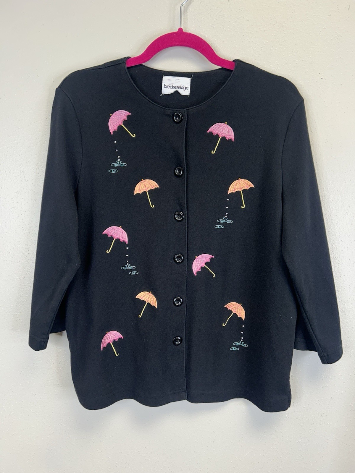 Vintage 90s Umbrella Embroidered Button Up Shirt Size L Petite Black Quirky Fun