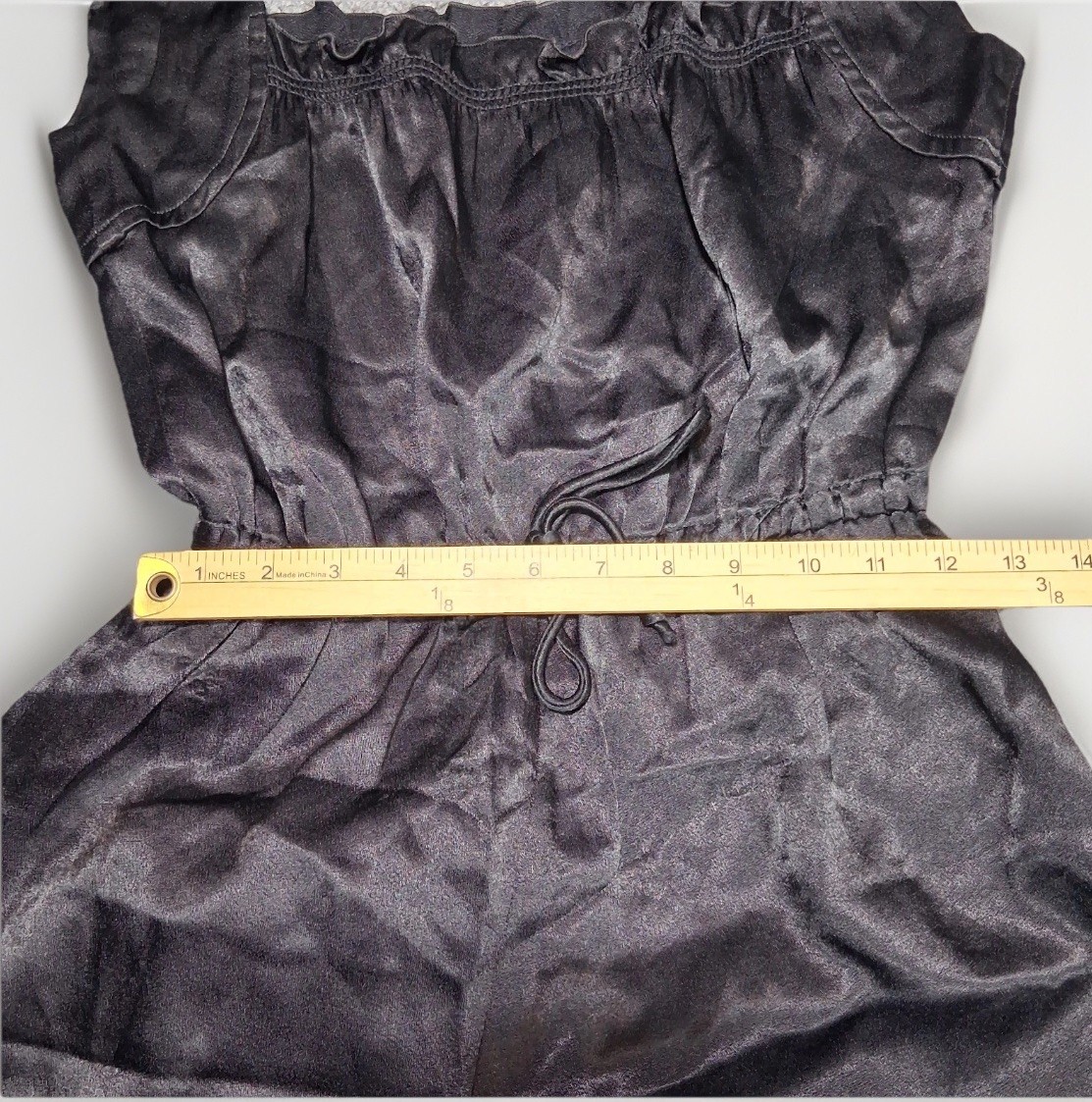 Vintage Byer California Black Nylon Wide Leg Jumpsuit Tie Shoulder Ruffle Small
