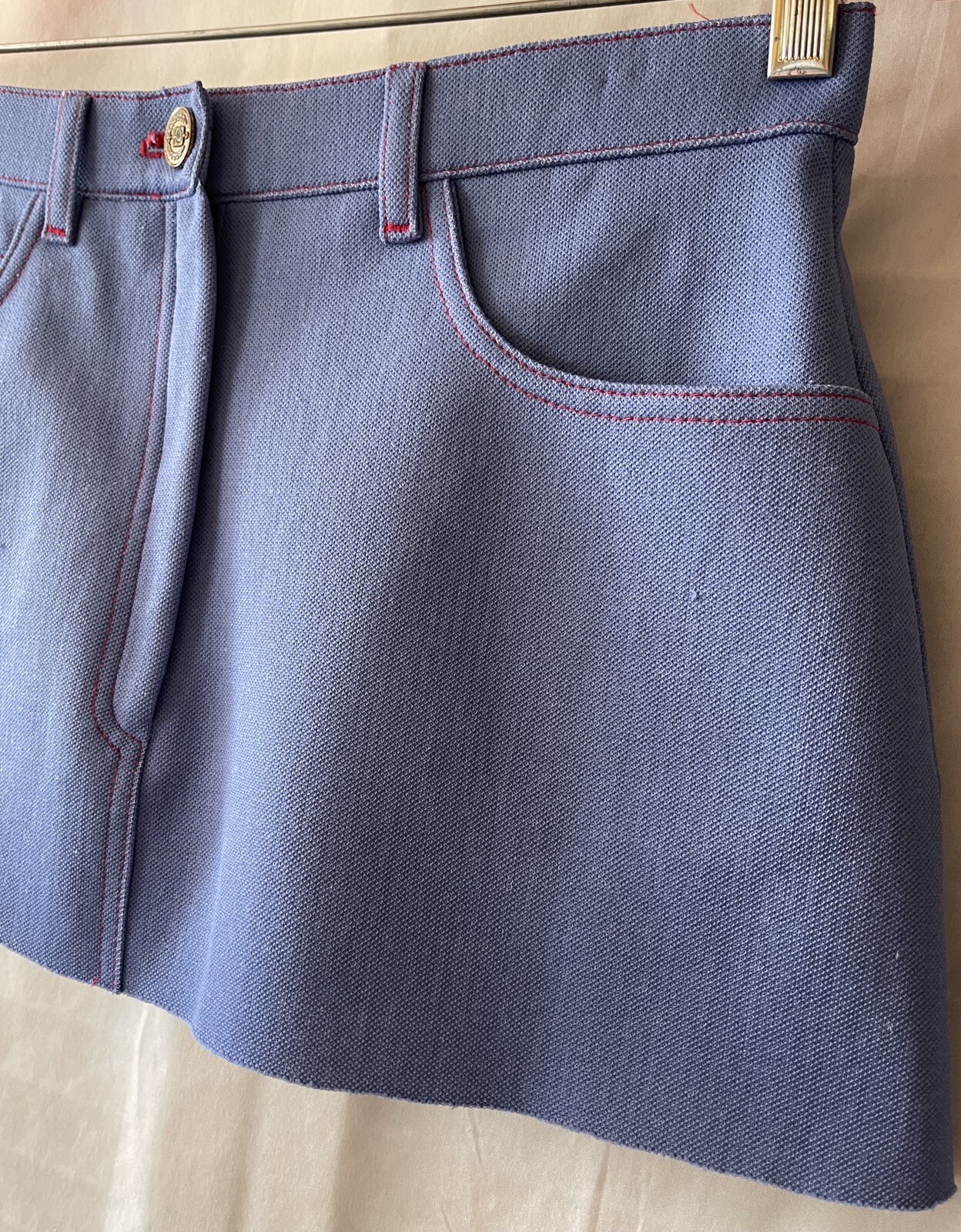 VINTAGE 70&rsquo;S GRAFF CALIFORNIA WEAR BLUE POLY SHORT MINI SKIRT, 28&Prime; WAIST, EUC