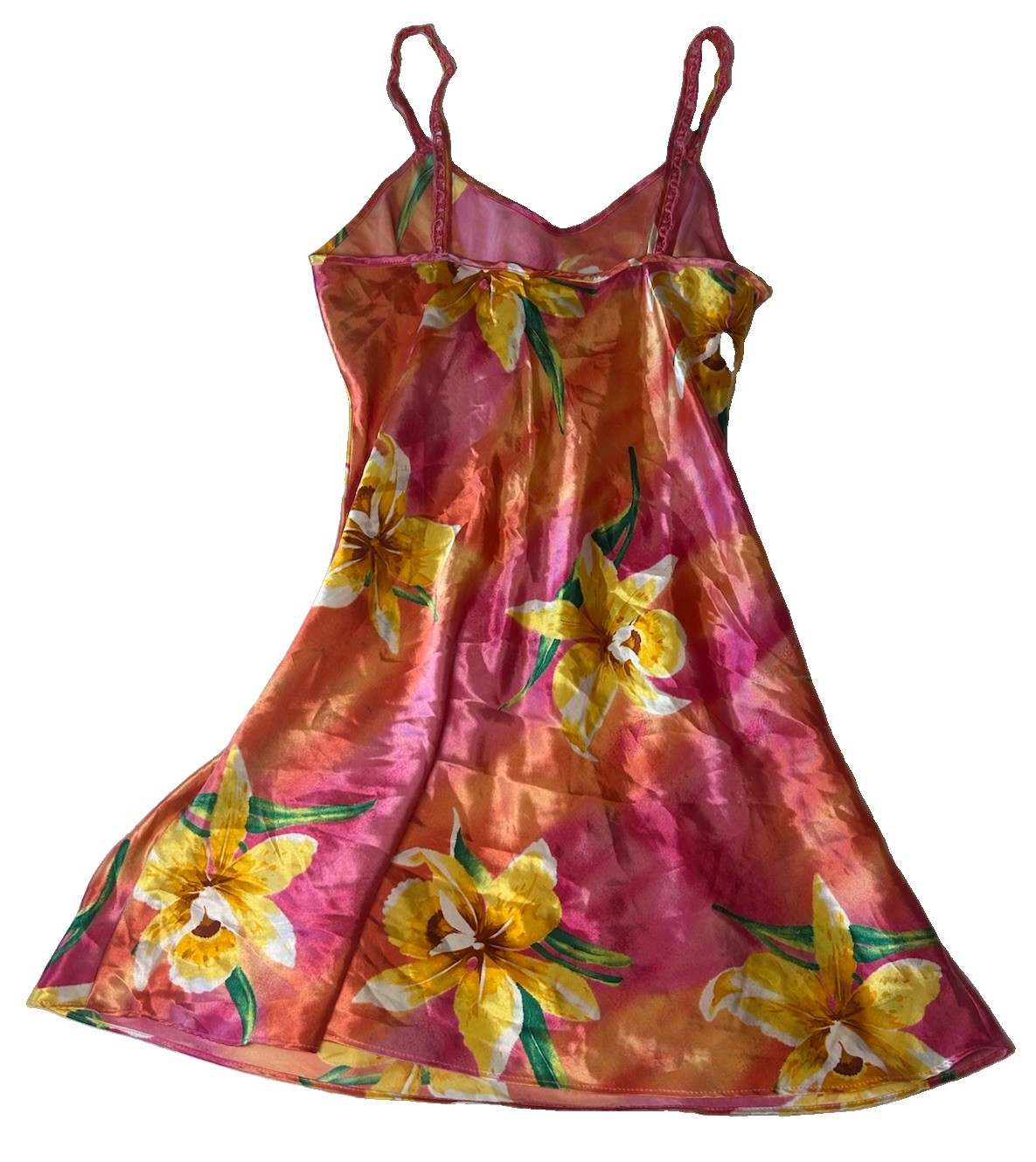 Vintage slip dress vibrant pink and orange floral print on silky satin fabric.