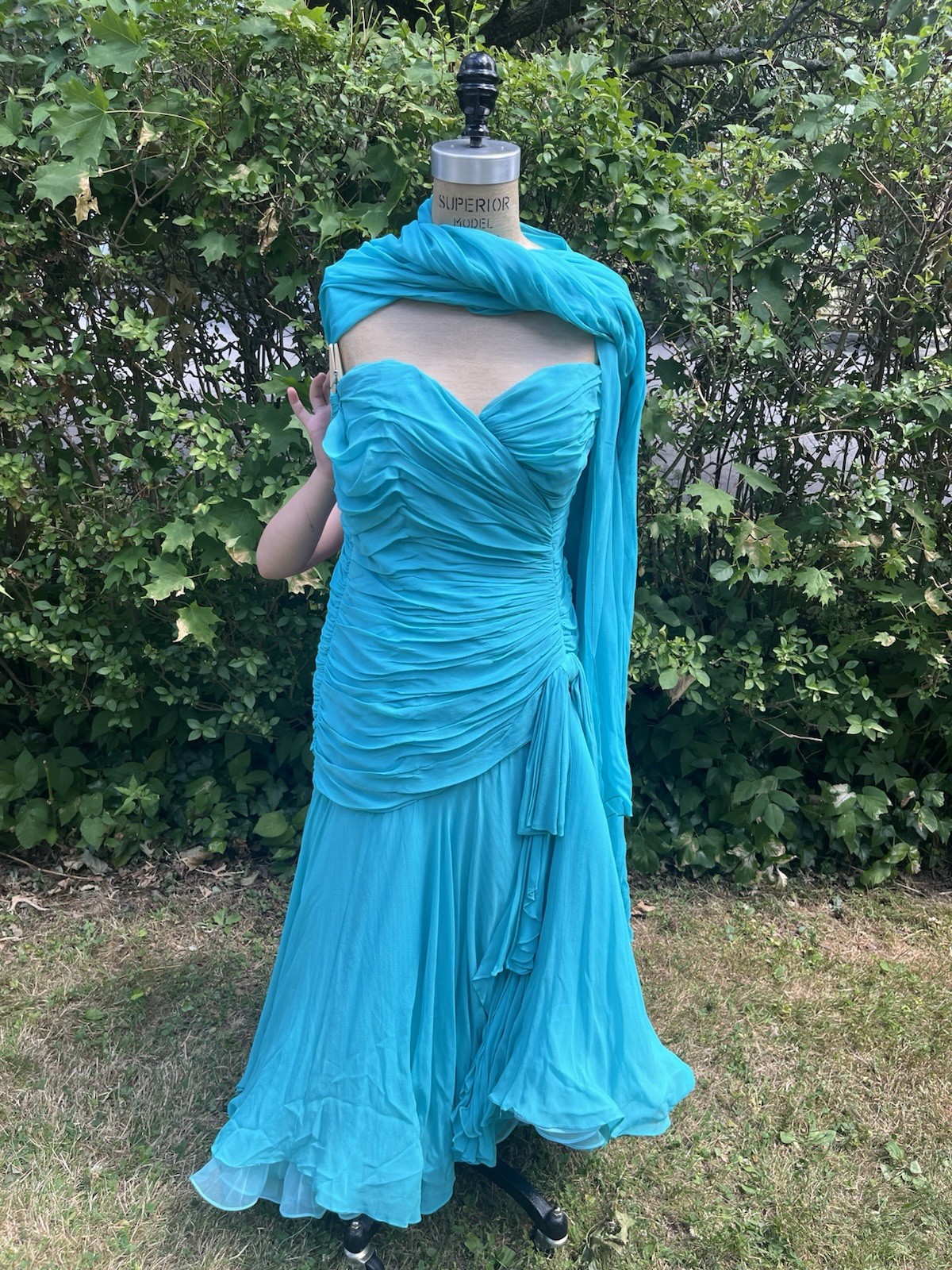 Vintage 1970 Peacock Blue Evening Dress with Layers of Chiffon