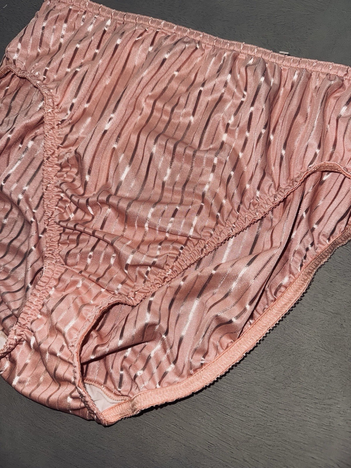 Vintage Warner’s Brief Bright Stripes Panties Hi Cut 55131 Shiny Satin Salmon 7