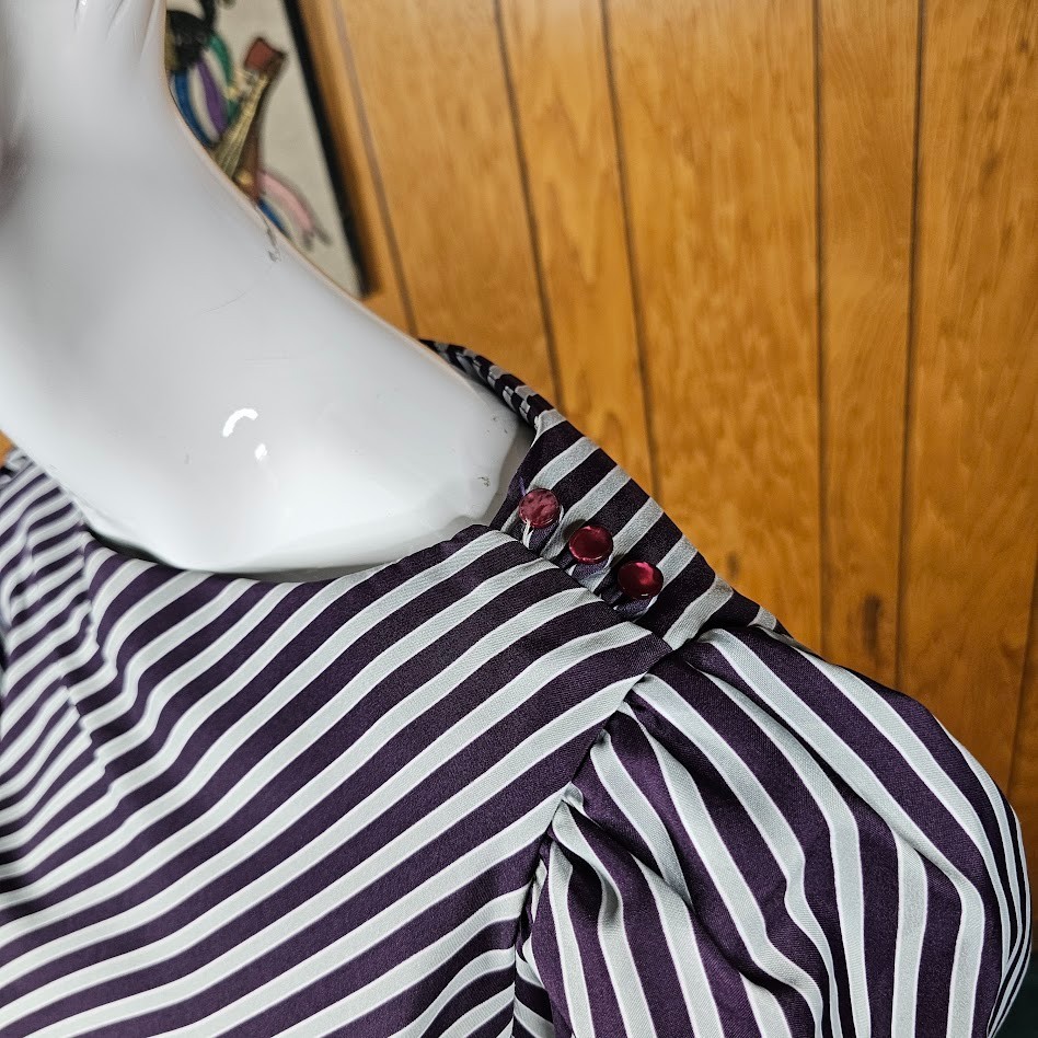 Vintage 80s Contrast Stripe Puff Balloon Sleeve Secretary Office Day Dress XS/S