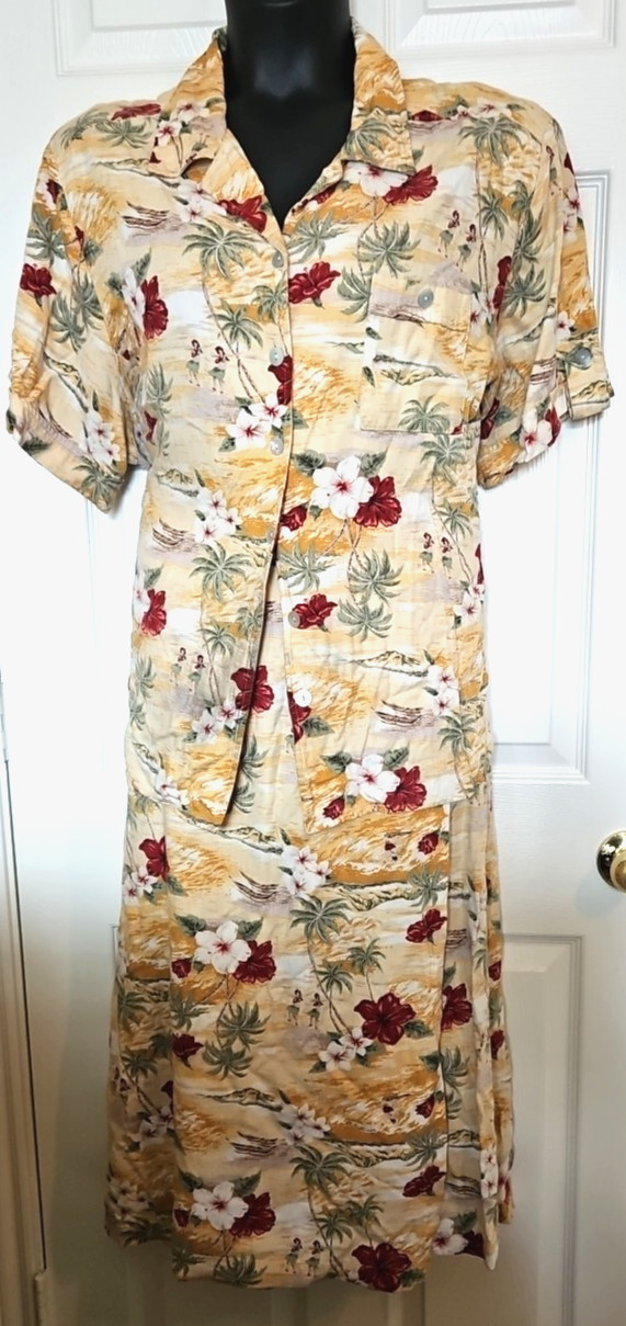 VTG Island Sands 2X Yellow Green Red Tropical Print Faux Wrap Skirt Shirt Set