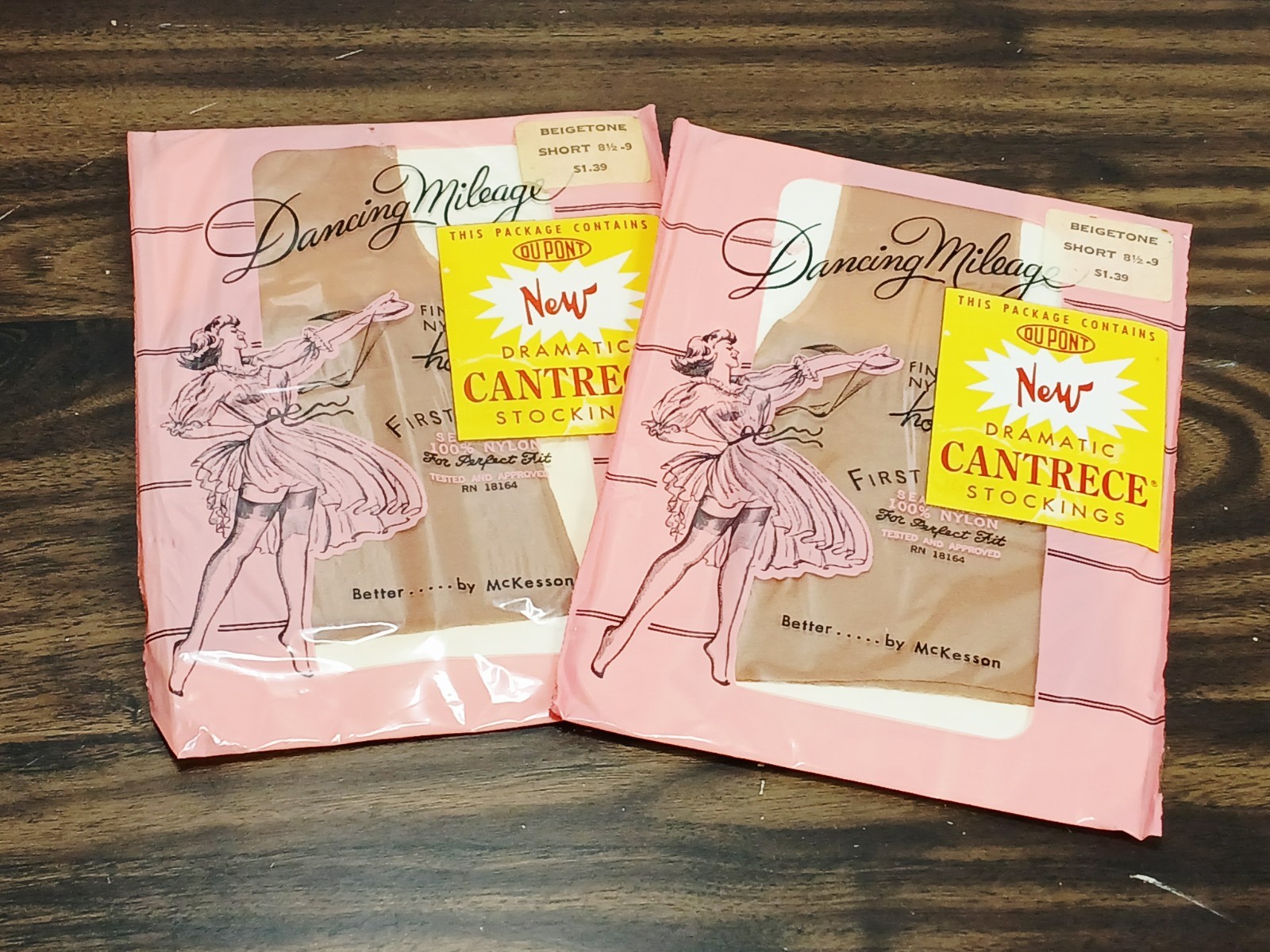 Vtg 50&rsquo;s Cantrece Stockings = Lot of 2 Pairs = Beige/Short 8.5-9 size = NOS