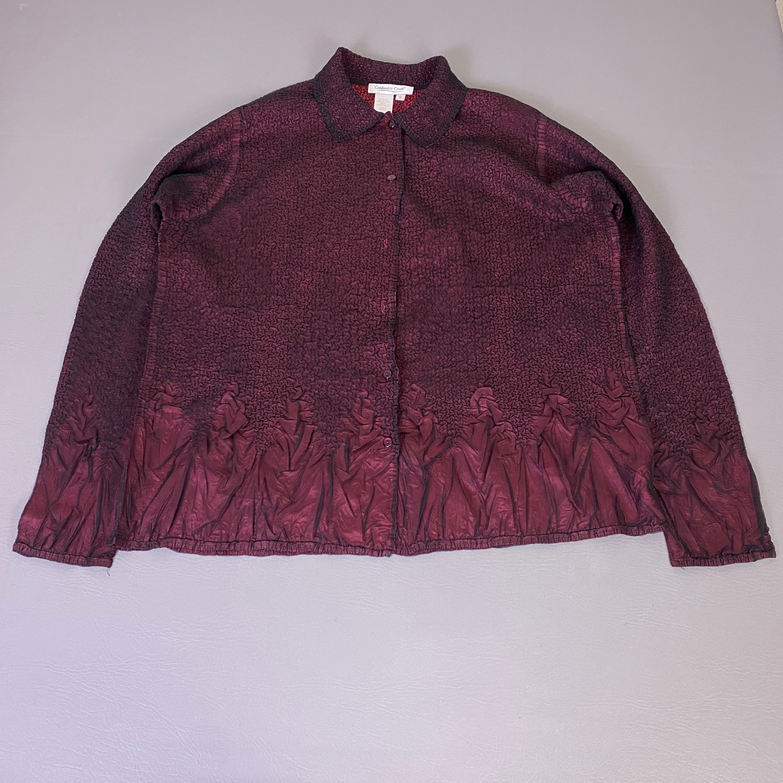Vintage Coldwater Creek Blouse Women&rsquo;s 1X Crinkle Popcorn Texture Burgundy *Flaw