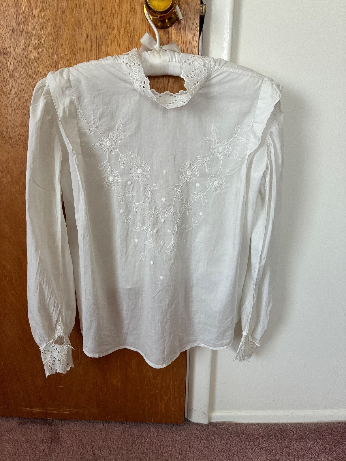 Antique Edwardian White Cotton Waist Blouse Embroidery Eyelet High Neck