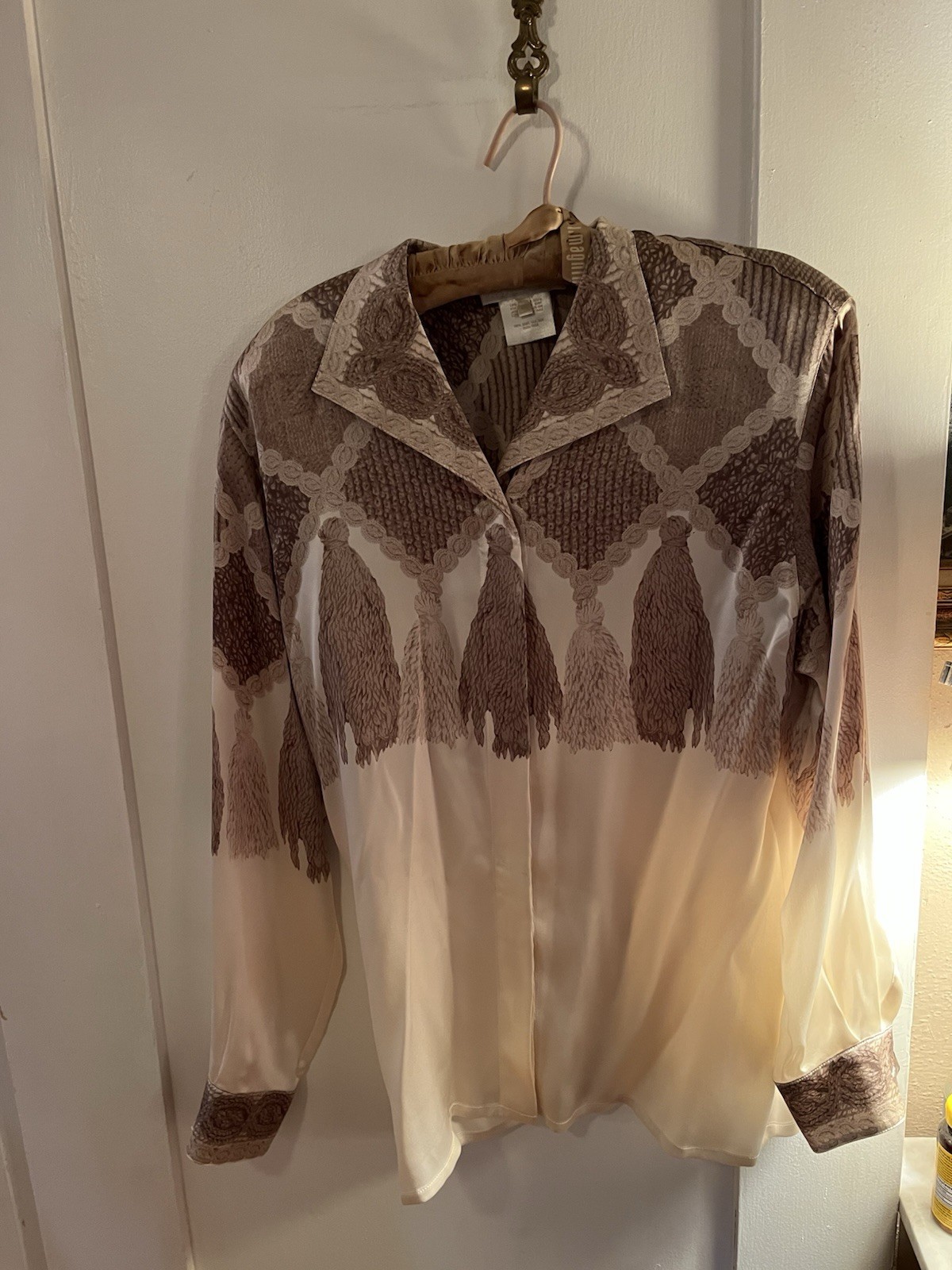Vintage Escada Cream & Beige Silk Tassel Print Blouse Size 38