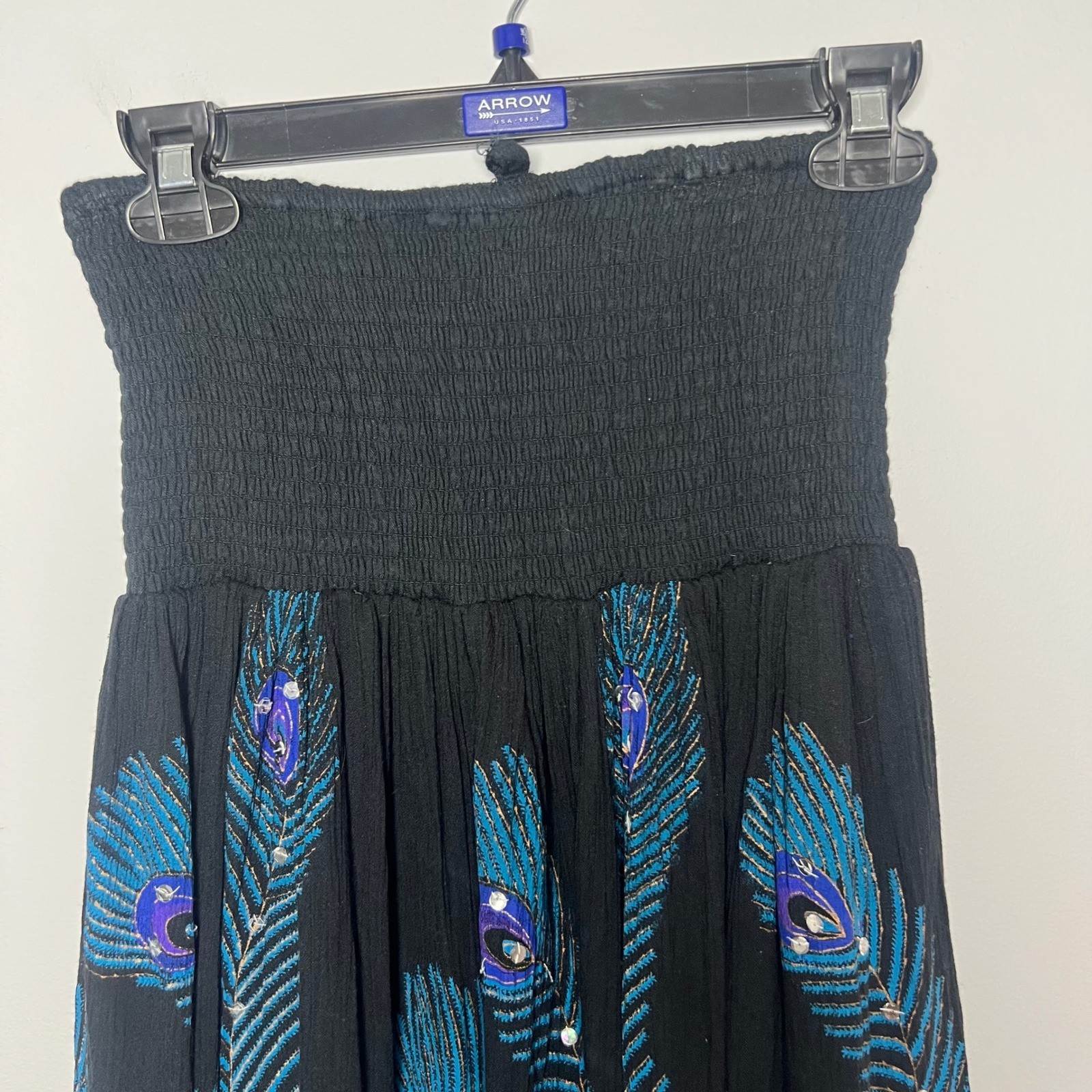 Womens Large Black Peacock Feather Smocked Strapless Sequin Mini Dress Y2K 90&rsquo;s