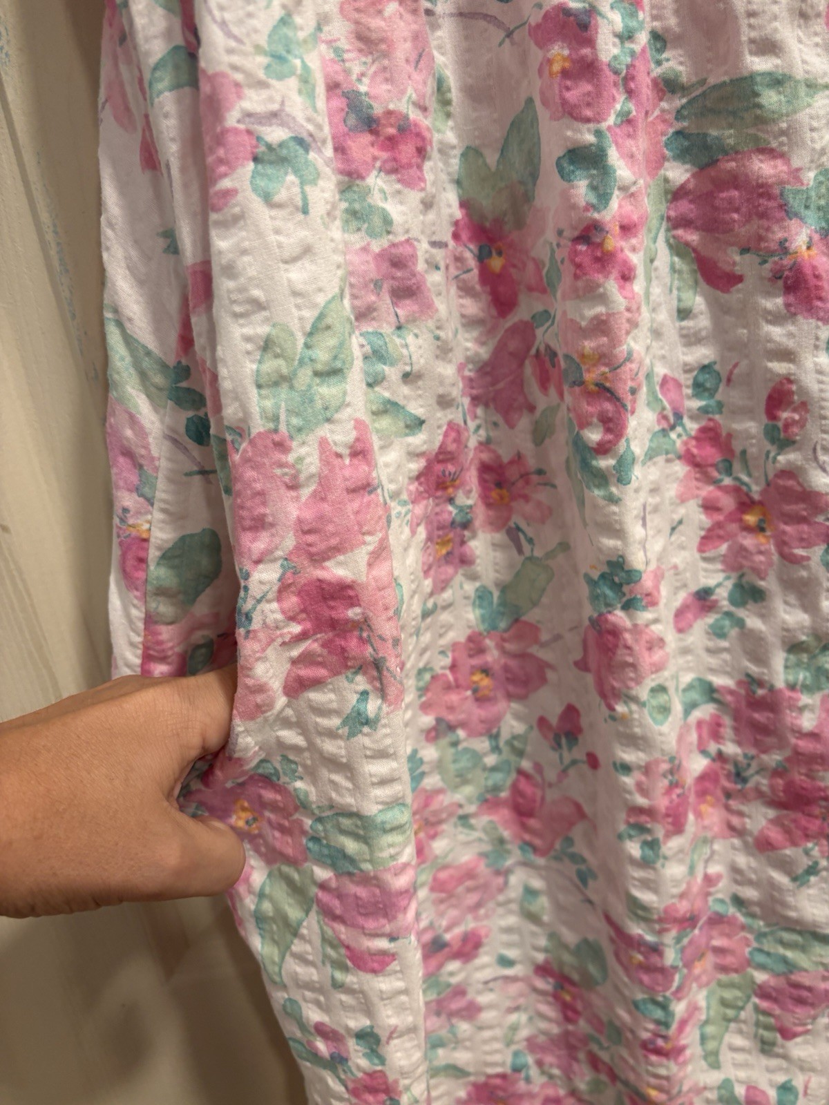 Vintage 90s Miss Elaine Size 1X Nightgown Robe Snaps Pockets Seersucker Lace