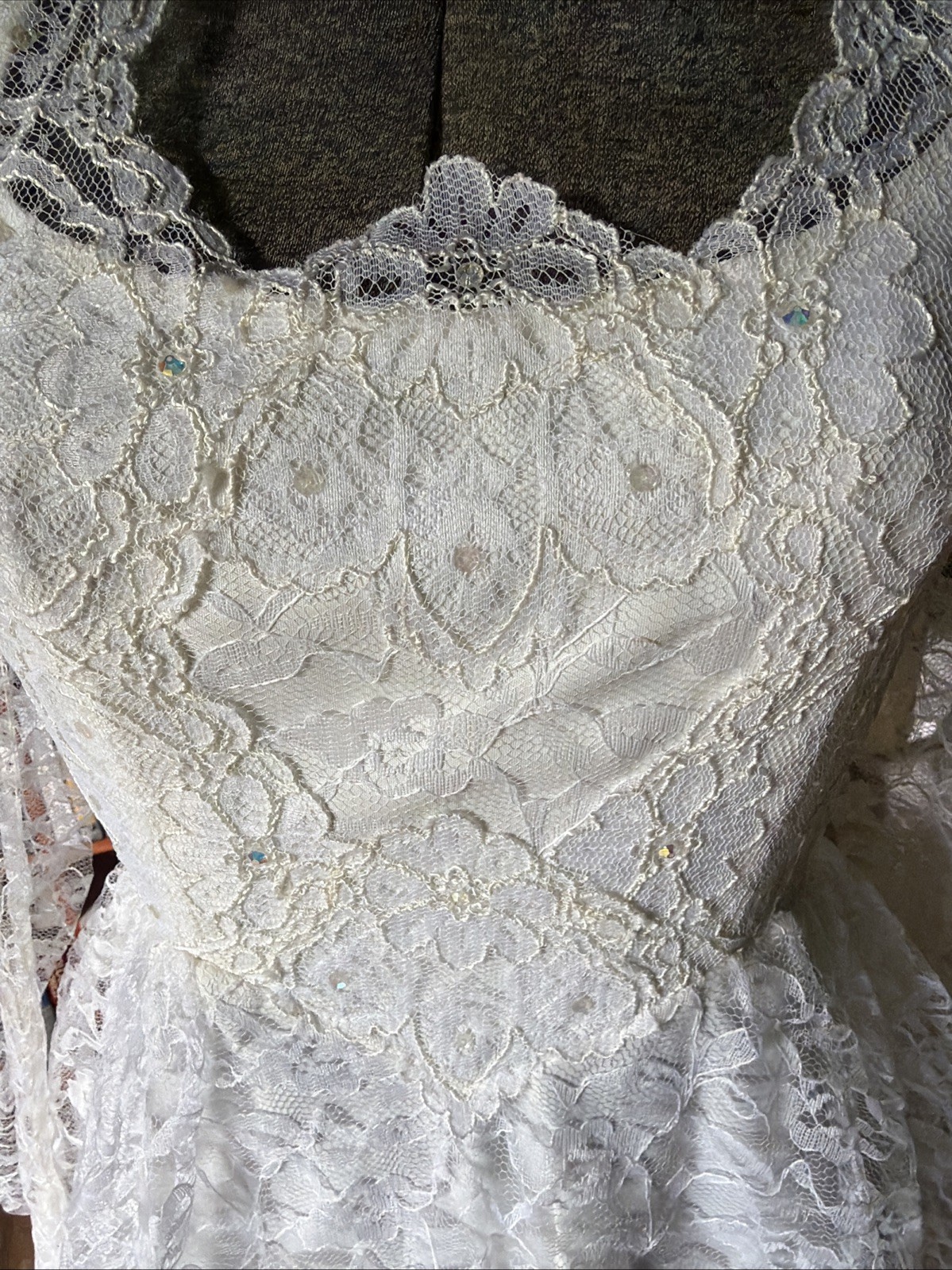 Bridallure Alfred Angelo Vintage Wedding Dress, Lace, Ruffled Tiered Long Sleeve