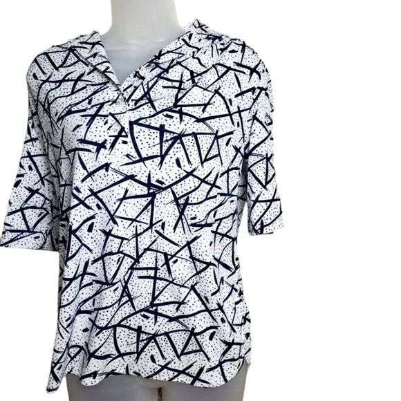 Vintage Womens Retro 80s 90s Art Abstract Blouse M White Navy Short Sleeve Top