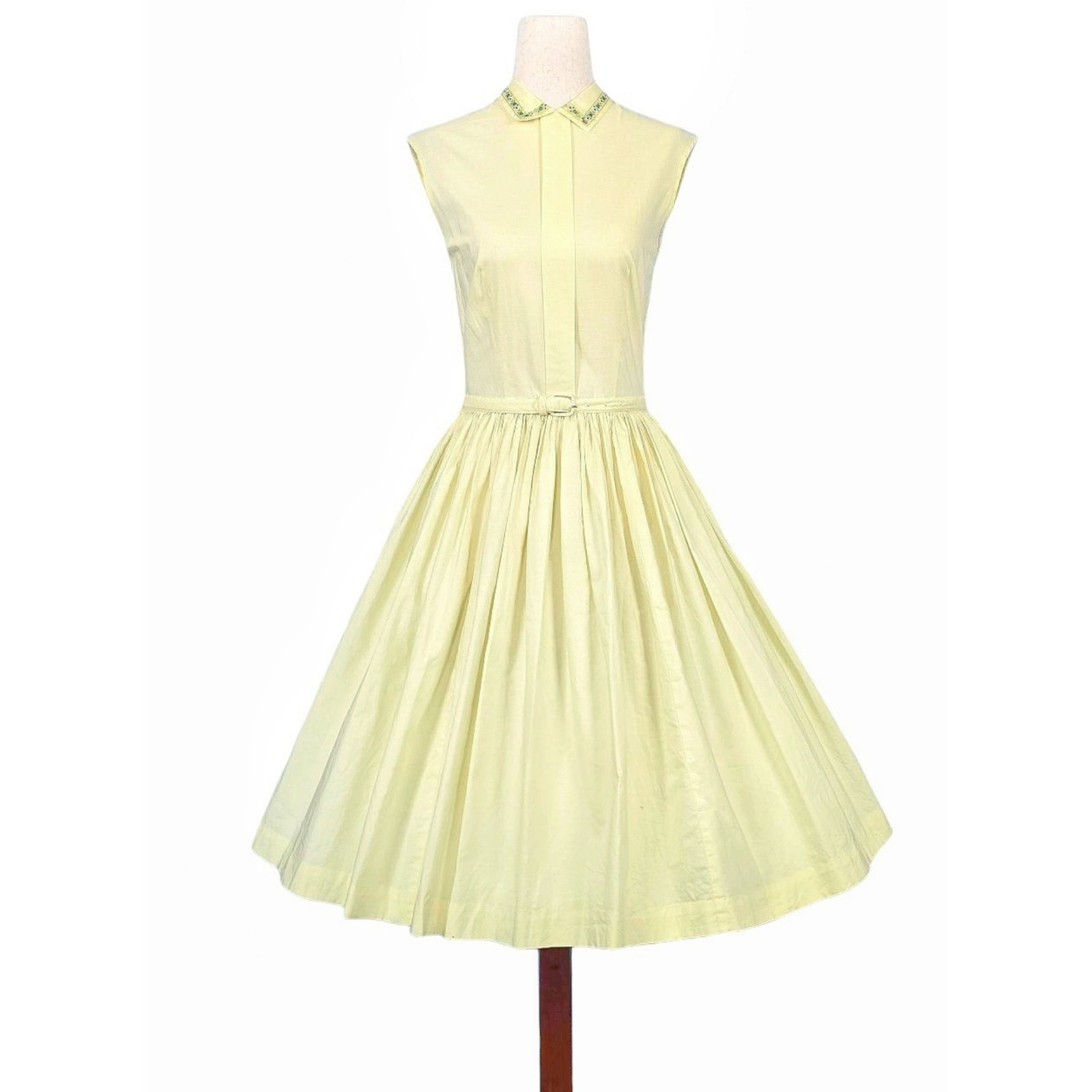 1950s Vintage Dress Belt Set 50s Summer Fit N Flare Cotton Yellow Embroidered XS