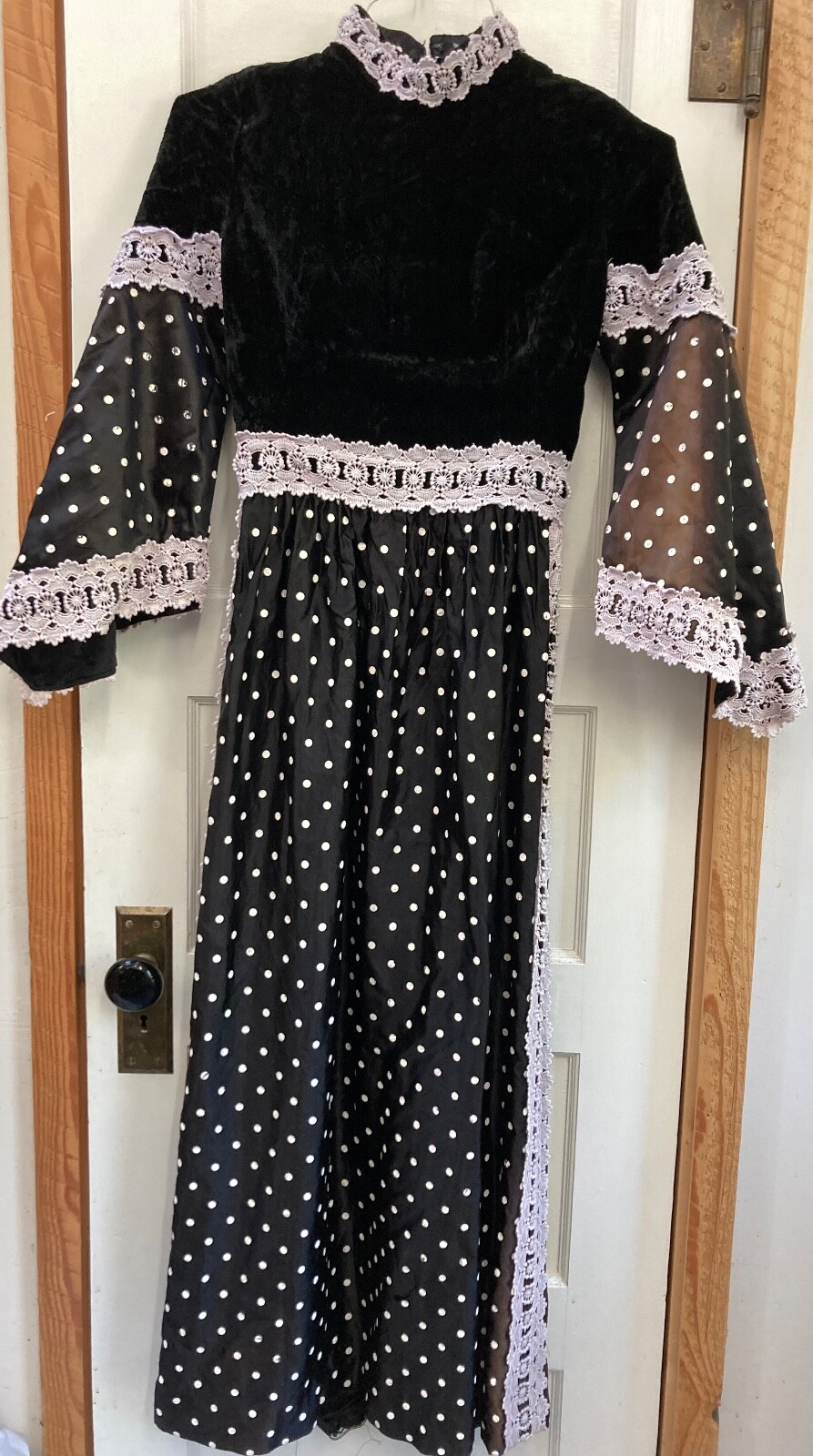 Vintage DRESS- Full Length ALFRED WERNER Velvet Lace BOHO Polka Dot Bell Sleeve
