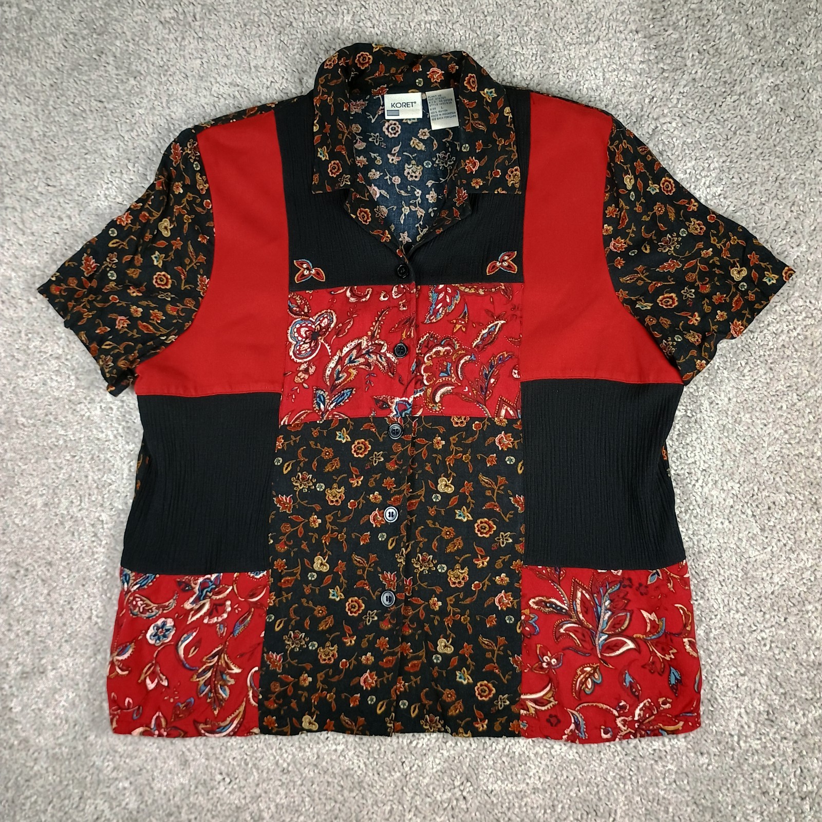 Vtg 90s Koret Patchwork Button Up Shirt Large Rayon Paisley Floral Shoulder Pads