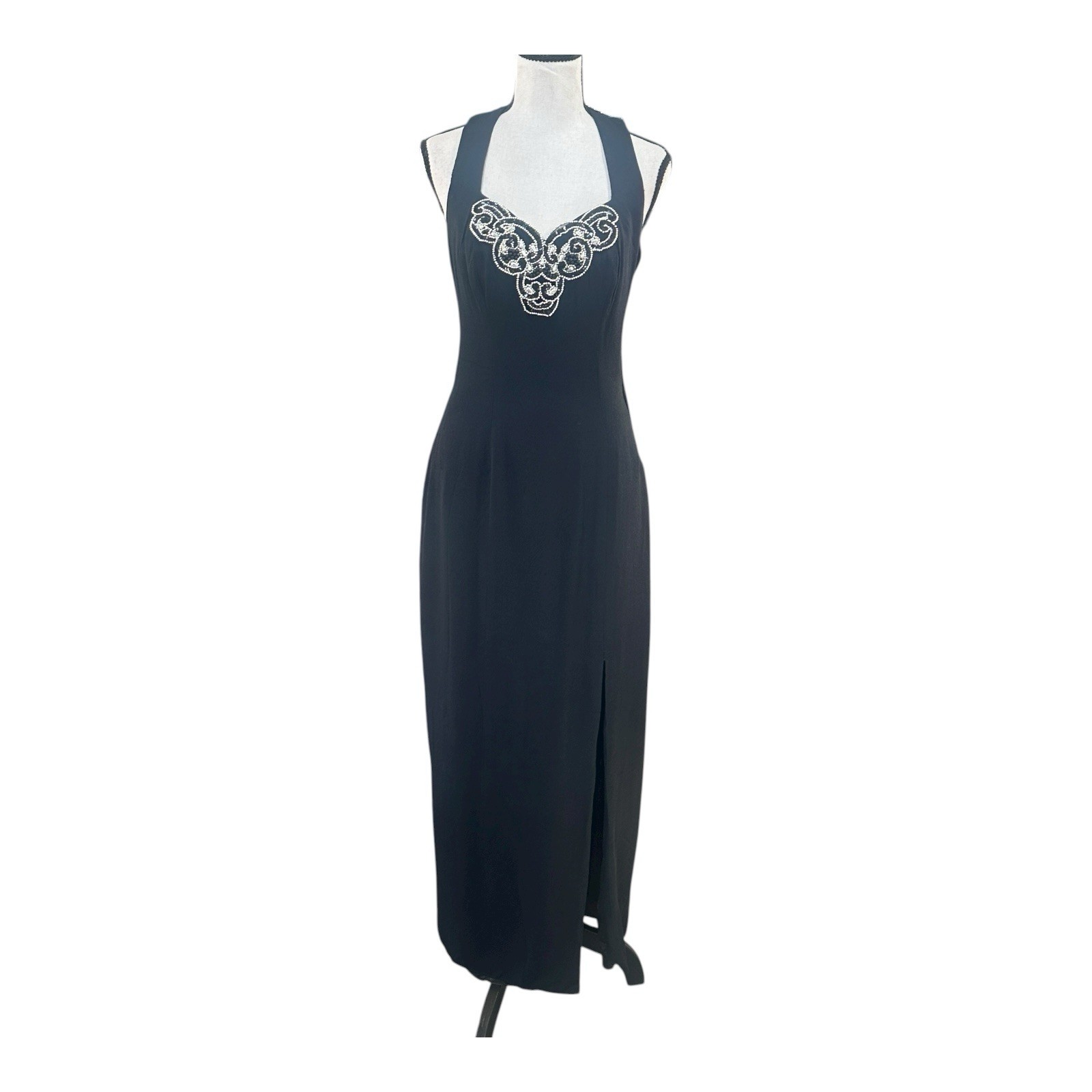 VTG 70s Flirtations By Alfred Angelo Black Beaded Halter Prom Dress Goth Witchy