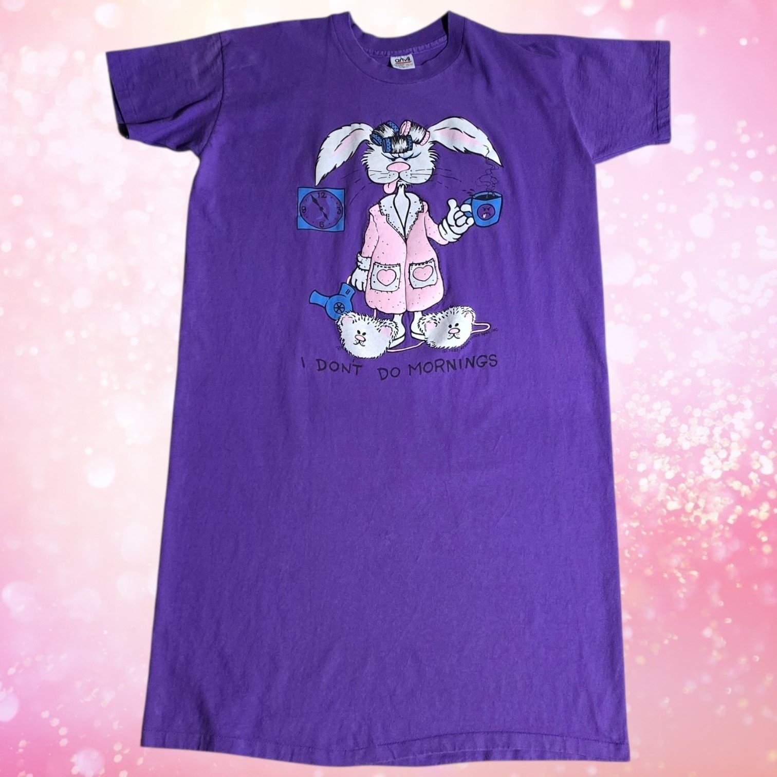 VTG Anvil Womens 1988 I Don&rsquo;t Do Mornings Bunny Night Dress Purple OSFA FLAWS