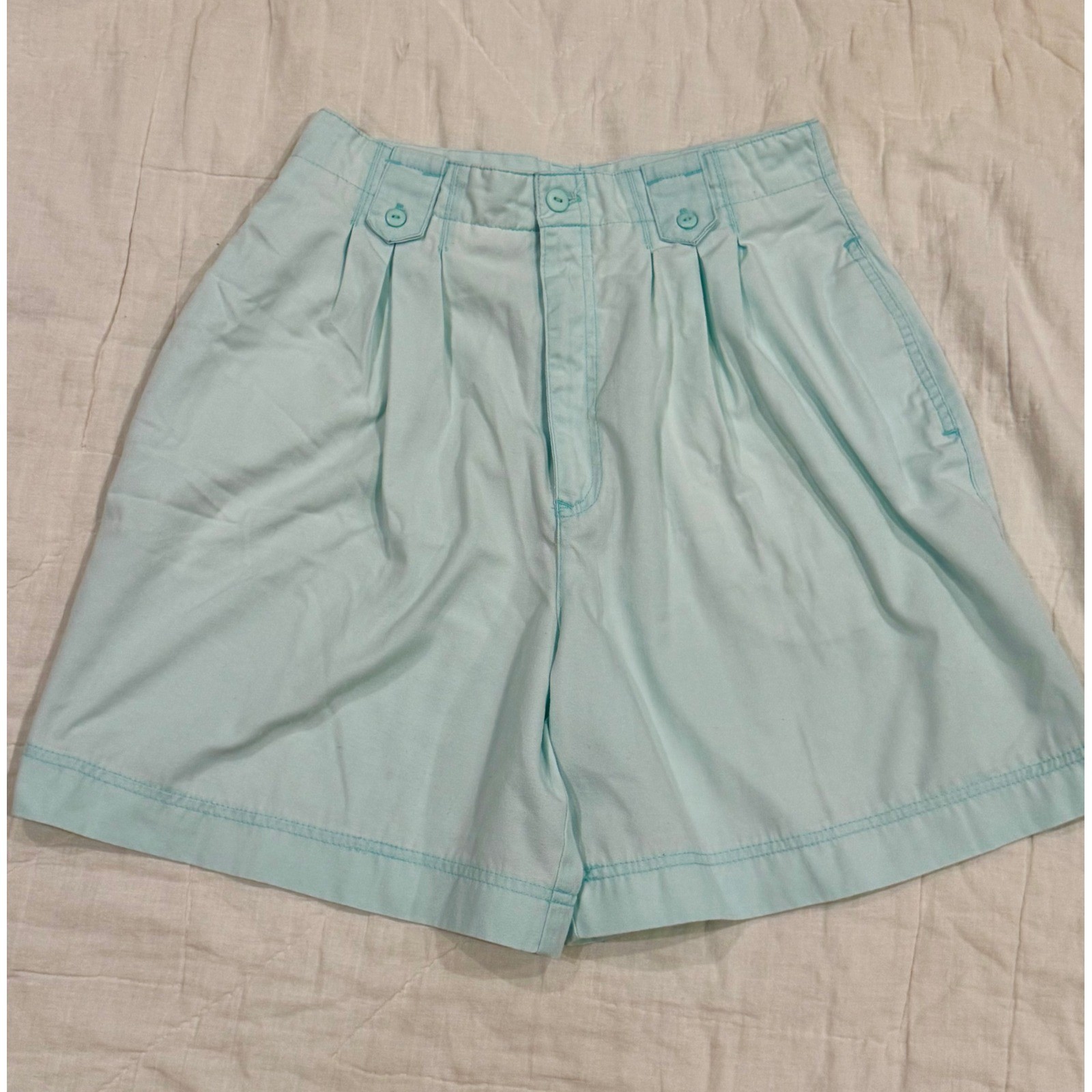 Vintage 80s In-Force INC Blue High Waist Pleated Shorts Button Tab Waist Sz11/12