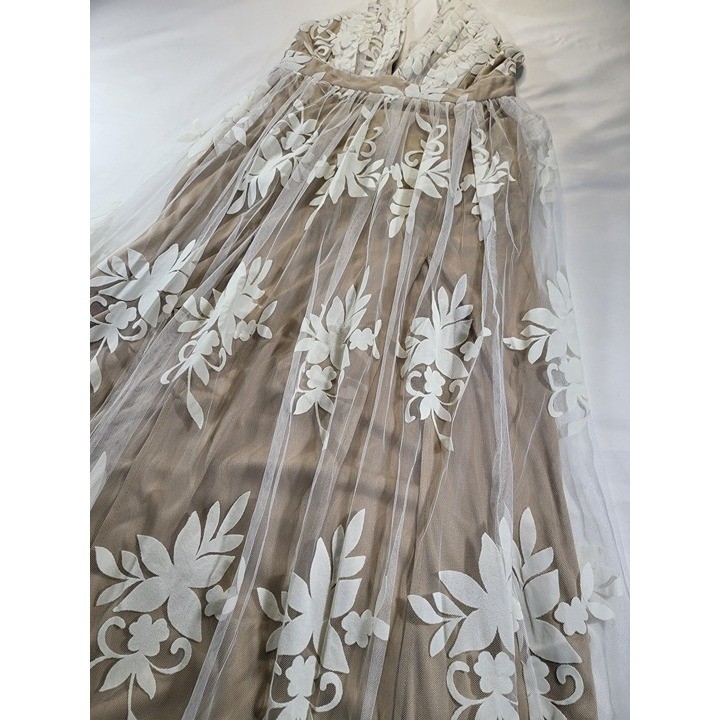 The Vintage Shop Nude White Floral Lace Tulle Dress Boho Deep V Back Size M