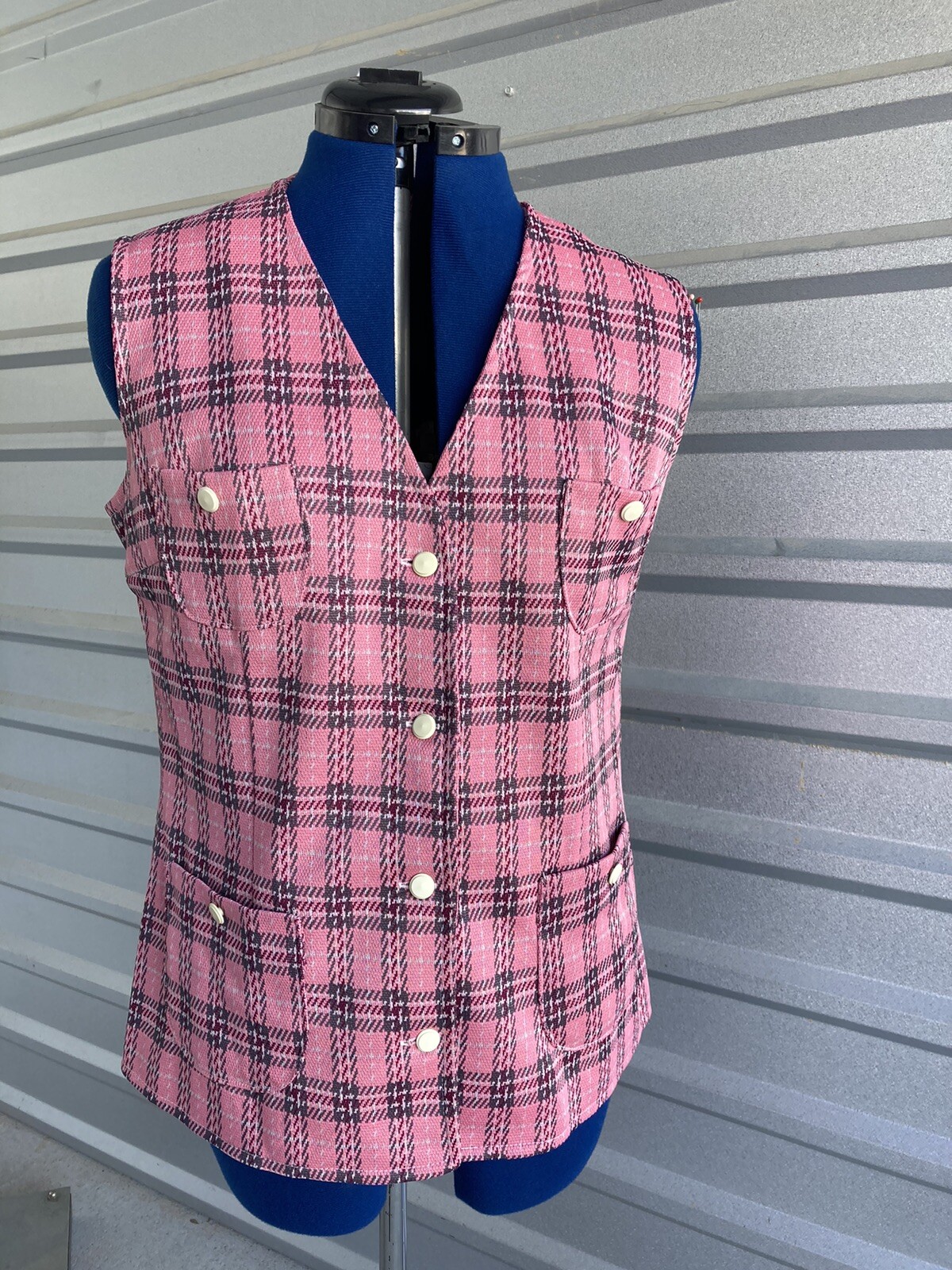 Vintage Pink Plaid Vest Button Down With Pockets 40 Inch Chest Handmade