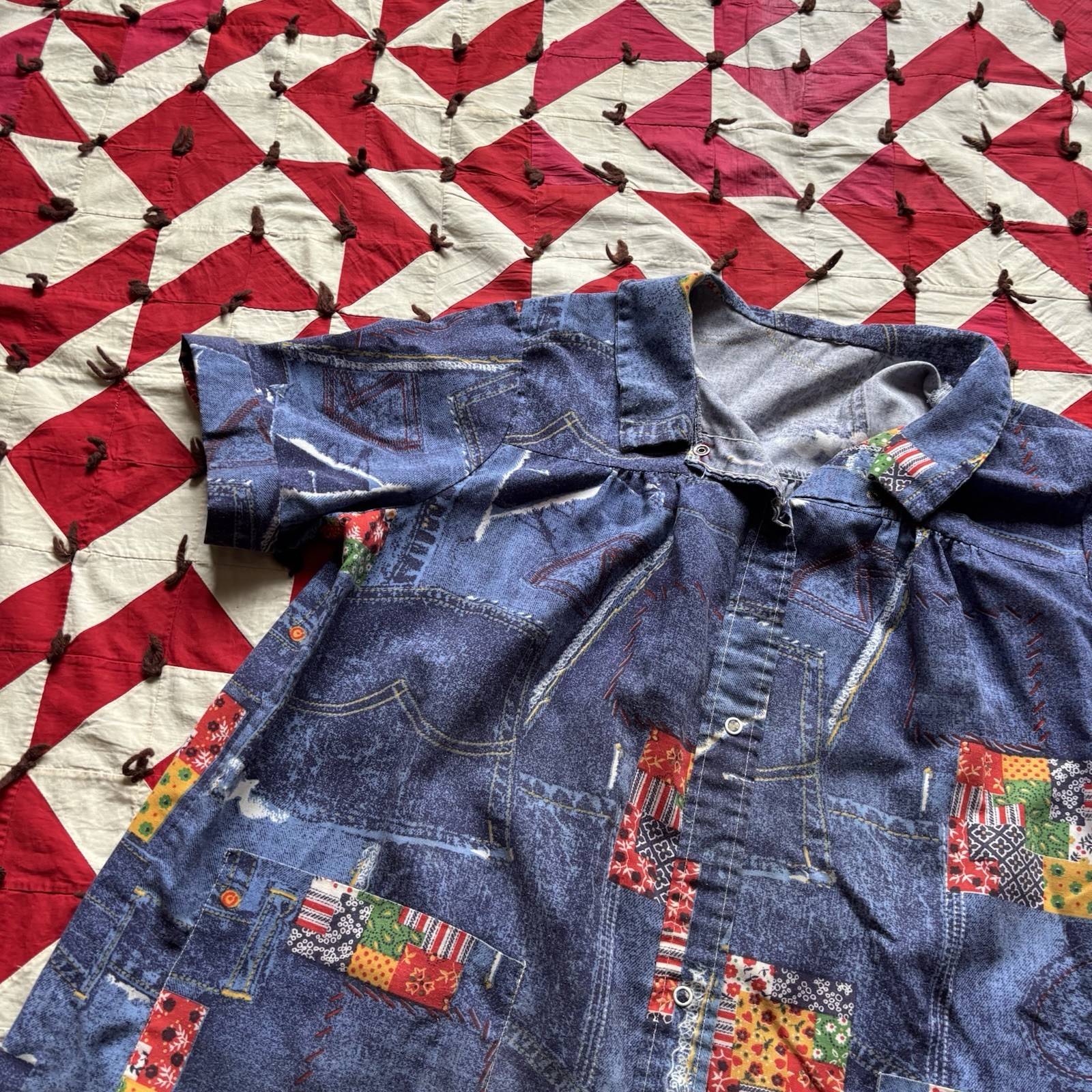 Vintage 1970s Patchwork Print Smock Dress Women’s Poly Blend As Is Hippie