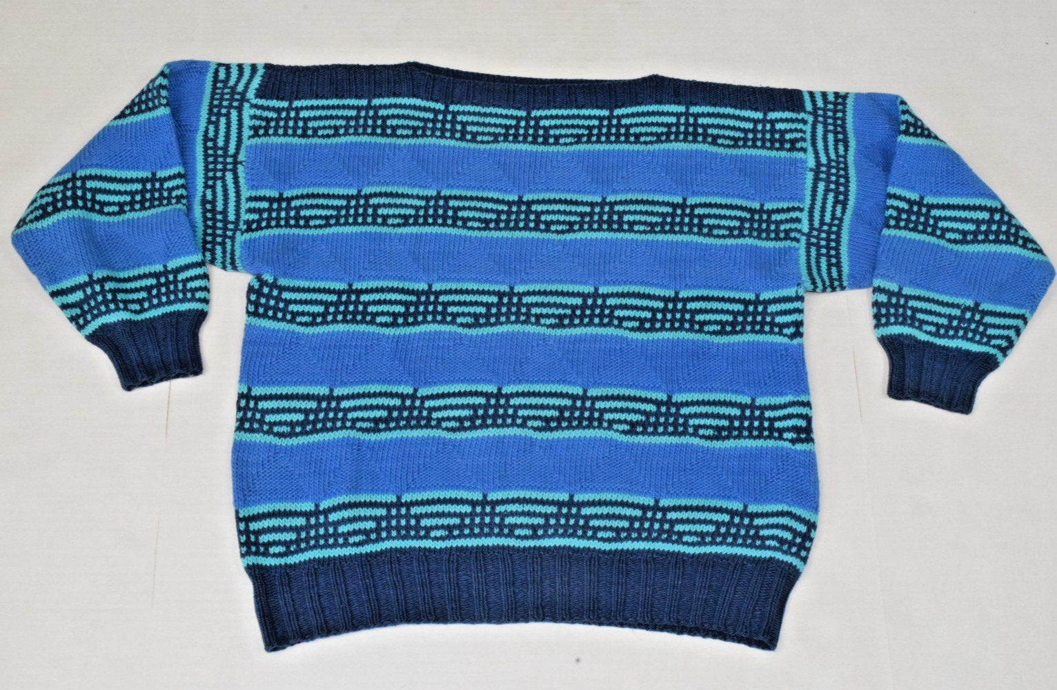 Vintage Sweater Size S 80s Blue Triangle Weave Boat Neck Wide Shoulders