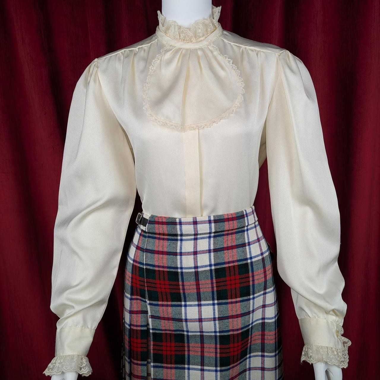 Vintage Cream White Satin Lace Trim Long Sleeve Button Up Blouse with Jabot