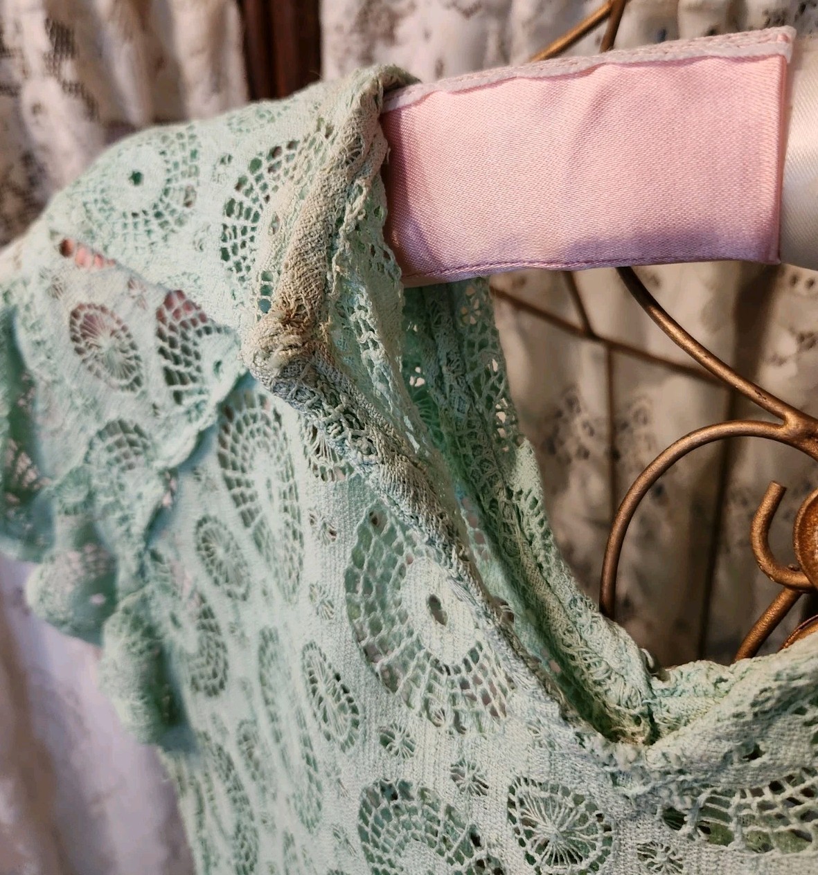 1930s Aqua Cotton Crochet Lace Dress with Cap Sleeves and Pockets XS