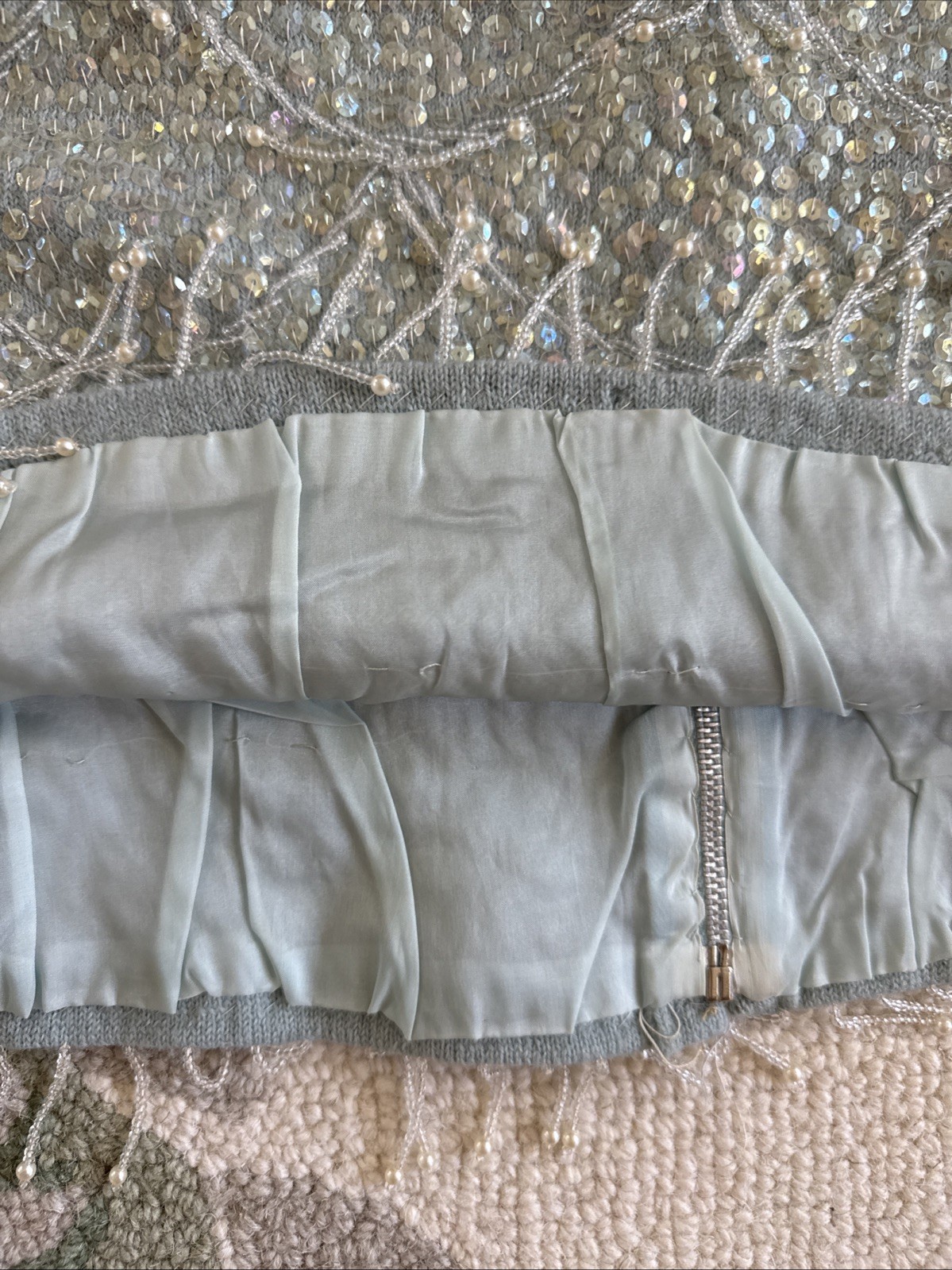 Pastel Blue Hand-beaded And Sequined Vintage Mid-19th Century Wool Top Size S/M