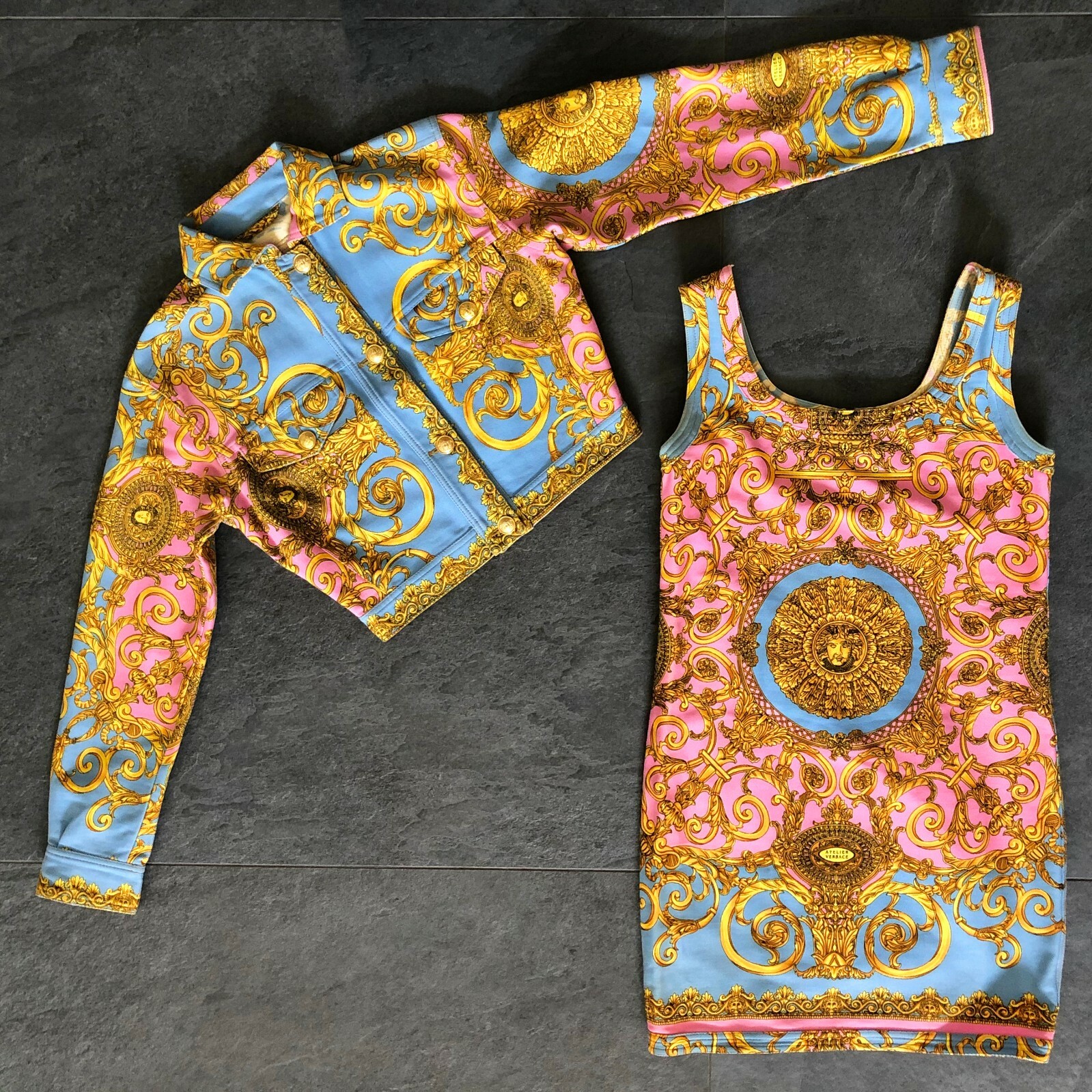 GIANNI VERSACE denim jacket & mini dress Golden Vanitas print 42 from S/S 1992