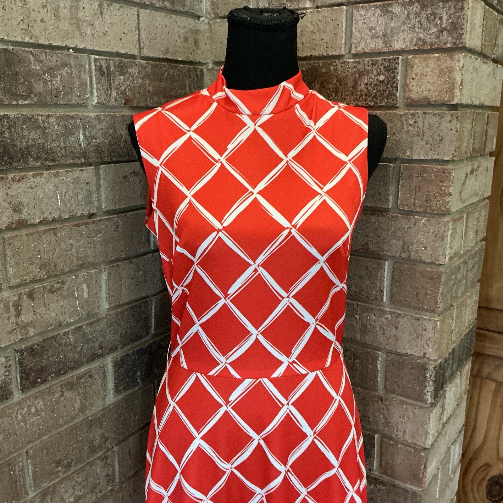 70s VTG Kay Windsor Red Geometric Maxi Dress Sleeveless Mock Neck Size XS/S #9E8