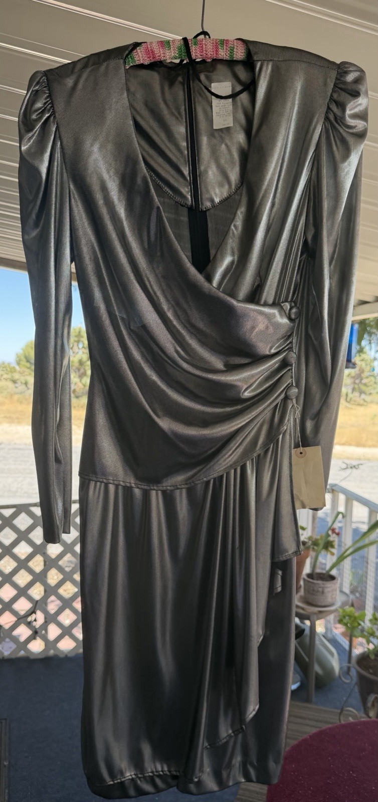 VTG 80s Montgomery Ward Metallic Silver Liquid Dress Puff Shoulder 5/6 NOS