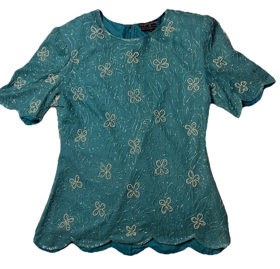Vintage Royal Feelings Silk Top Turquoise Blue Blouse Floral Beaded Retro Size S