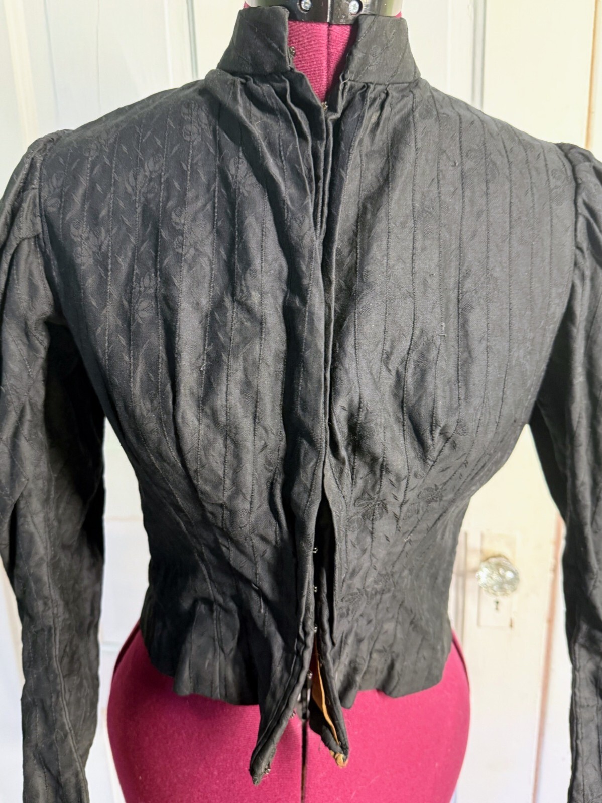Antique 1880s Black Jacquard Floral Cotton Bodice Top
