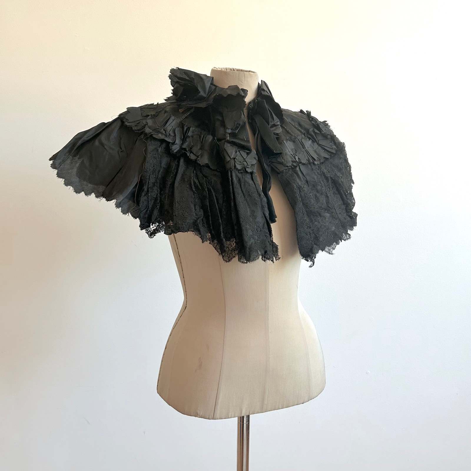 Antique Edwardian Victorian Black Mourning Capelet Silk Lace 1800s 1900s