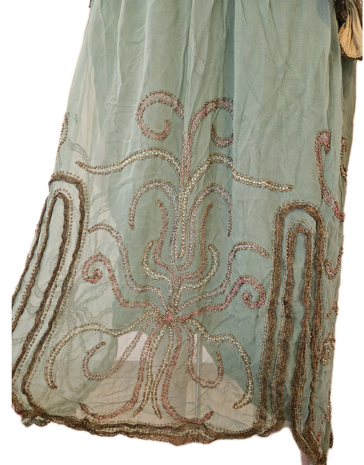 Antique 1920s French Beaded Flapper Dress Gold Lace Vintage Art Deco Bust 36
