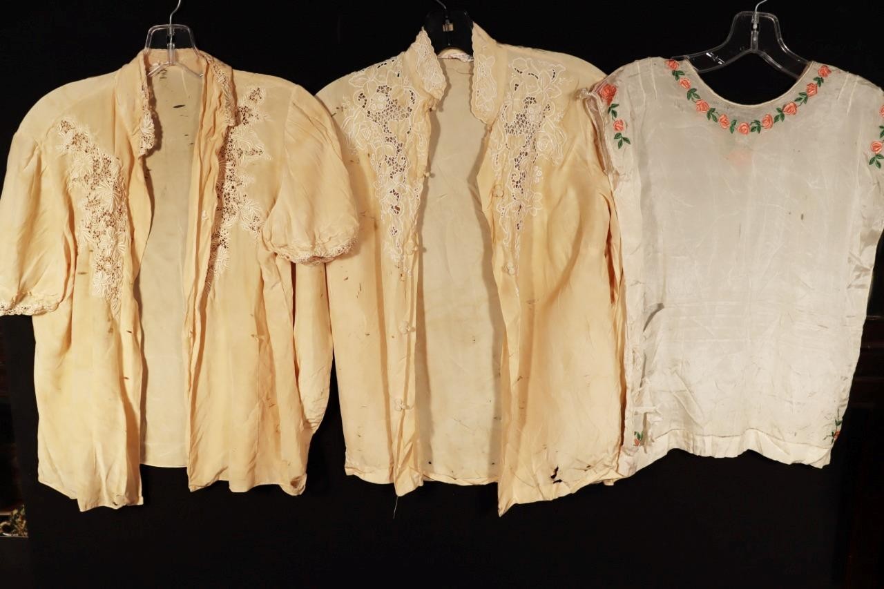3 Vintage French 1940&rsquo;s Silk Embroidered Blouses For Study Or Applique Work