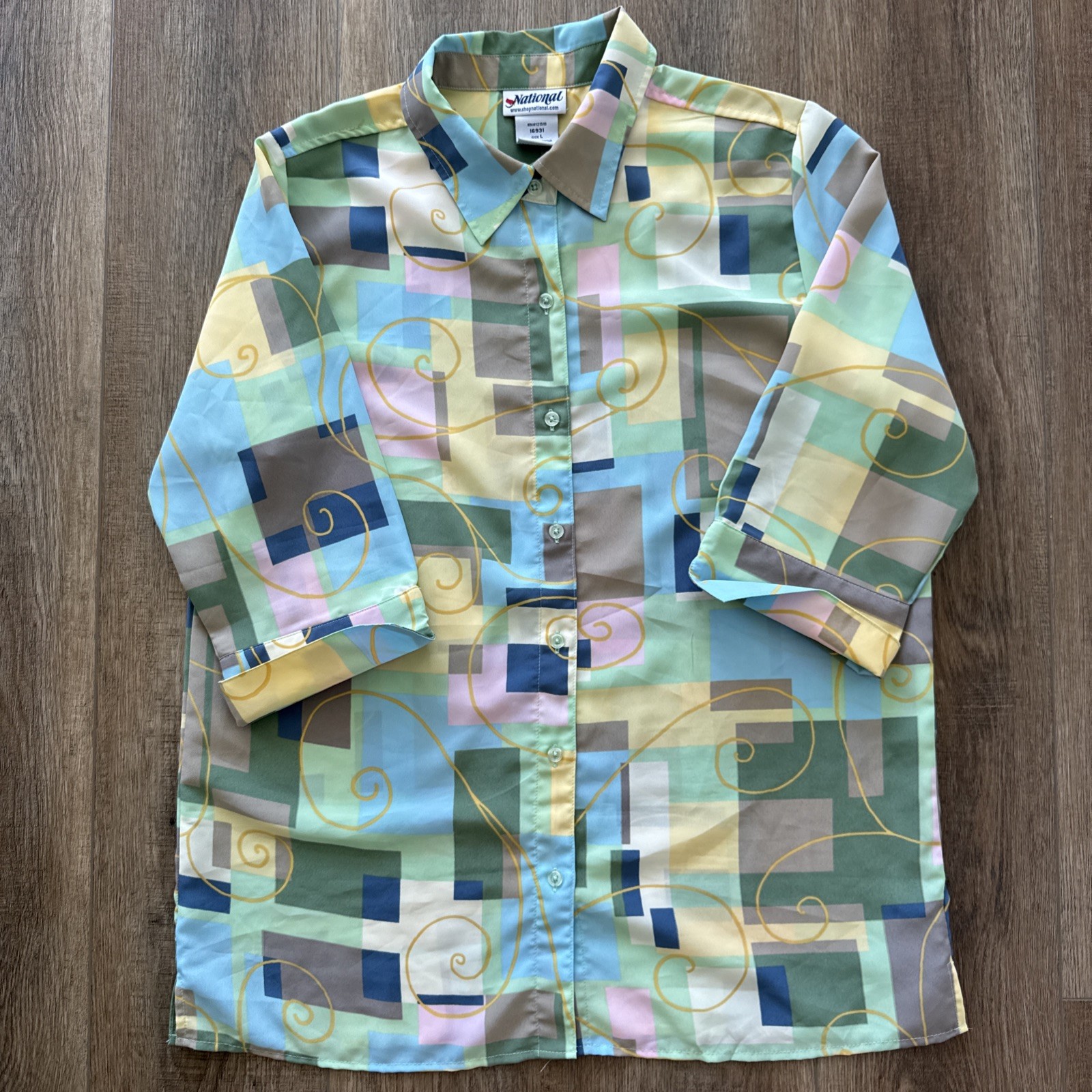 Vintage National Button Down Blouse Sz L Geometric Abstract 3/4 Sleeve Top D8