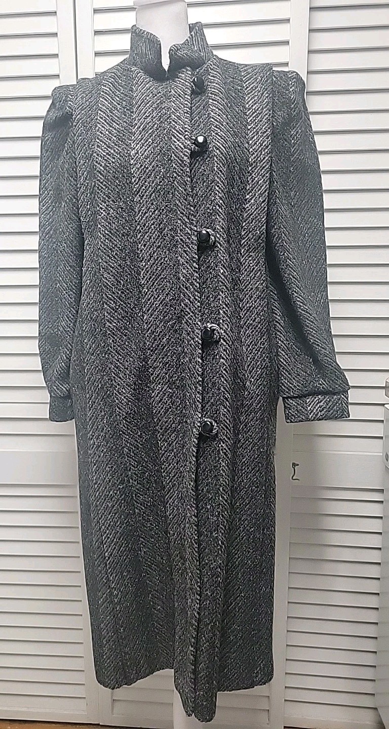 Vtg Herringbone Tweed Chevron Gray Wool Coat Puff Sleeve 80&rsquo;s EUC USA SZ 7