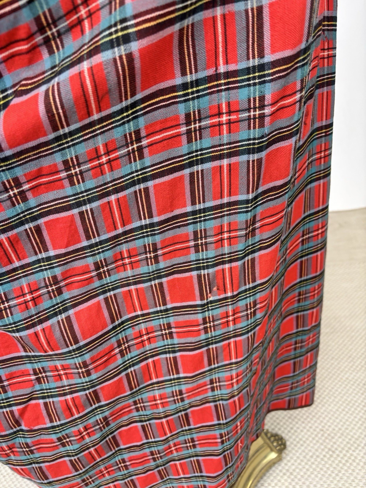 Antique Victorian Walking Coat Plaid Red Green Black Yellow Burnout Velvet AS IS