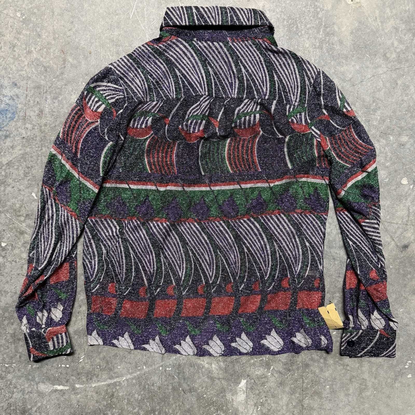 Huey Waltzer For Mannequin NWT VTG 70s Open Blouse Shirt Metallic Print Op Art L