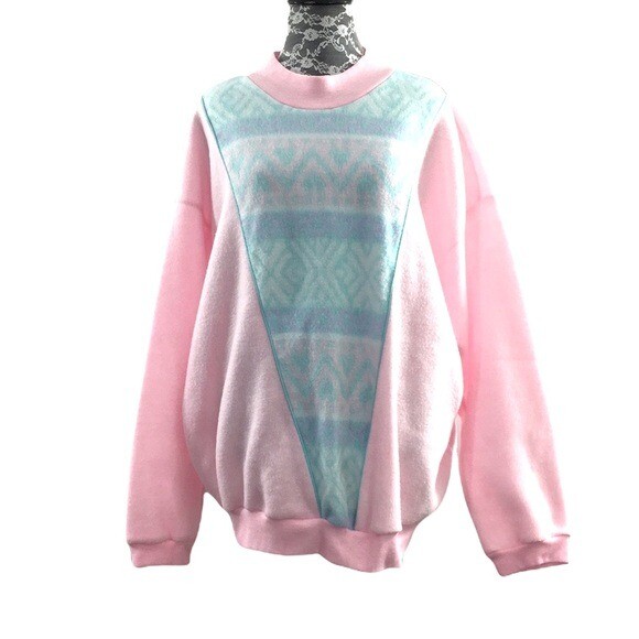 Style Plus Of California Vintage Pink Blue Fair Isle Sweatshirt 42 22W Fairy Kei