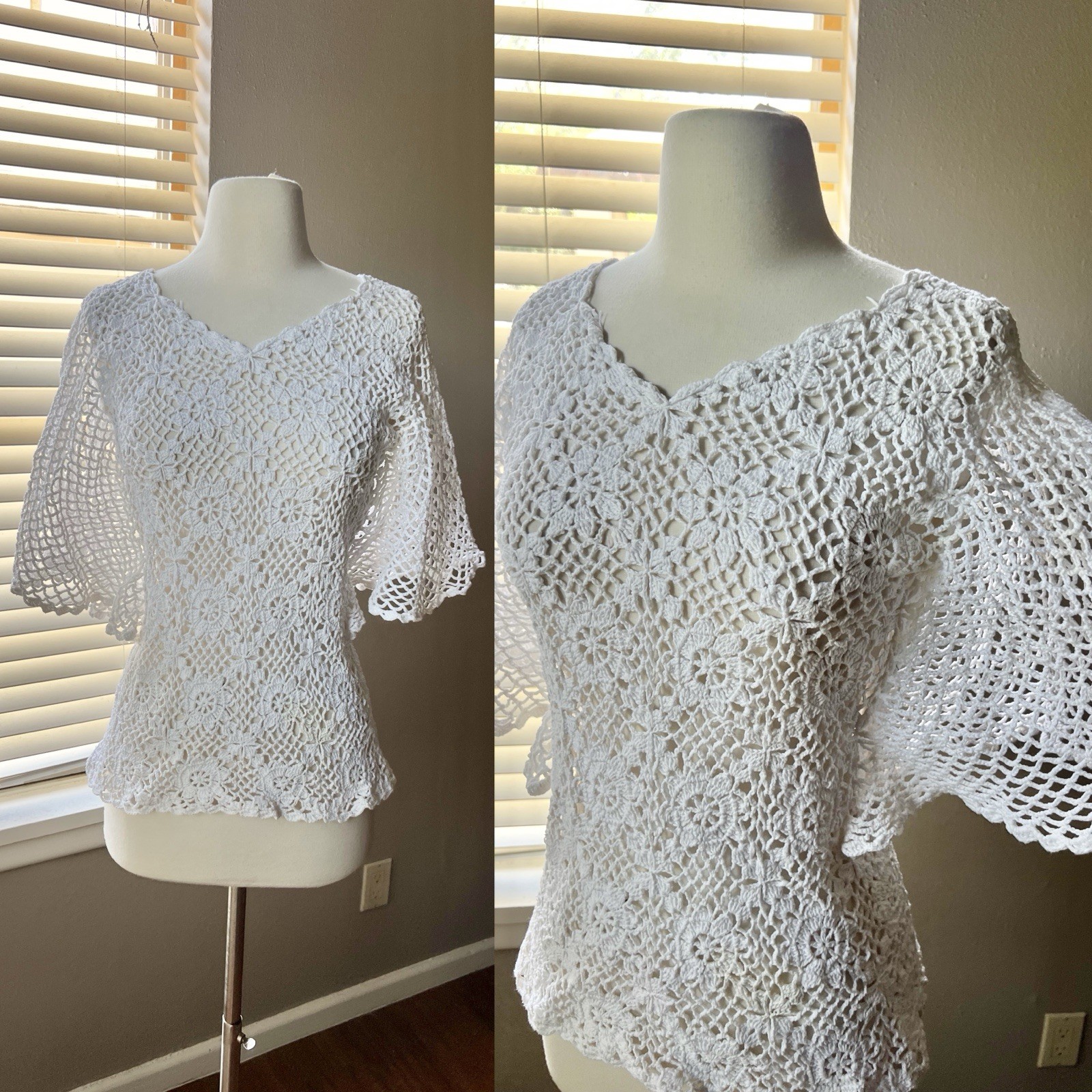 Vintage 60s 70s Crocheted Blouse M/L Womens White Floral Winged Boho Cottage